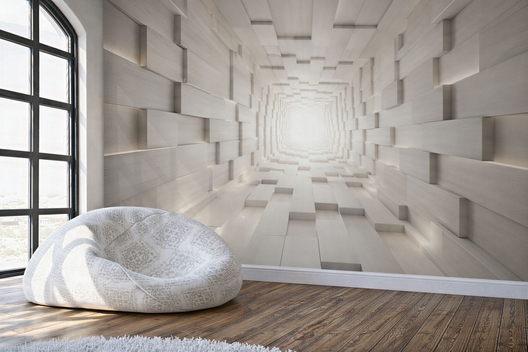 Fototapeta przestrzenny tunel 3D biały z efektem głębi do nowoczesnego salonu?v23