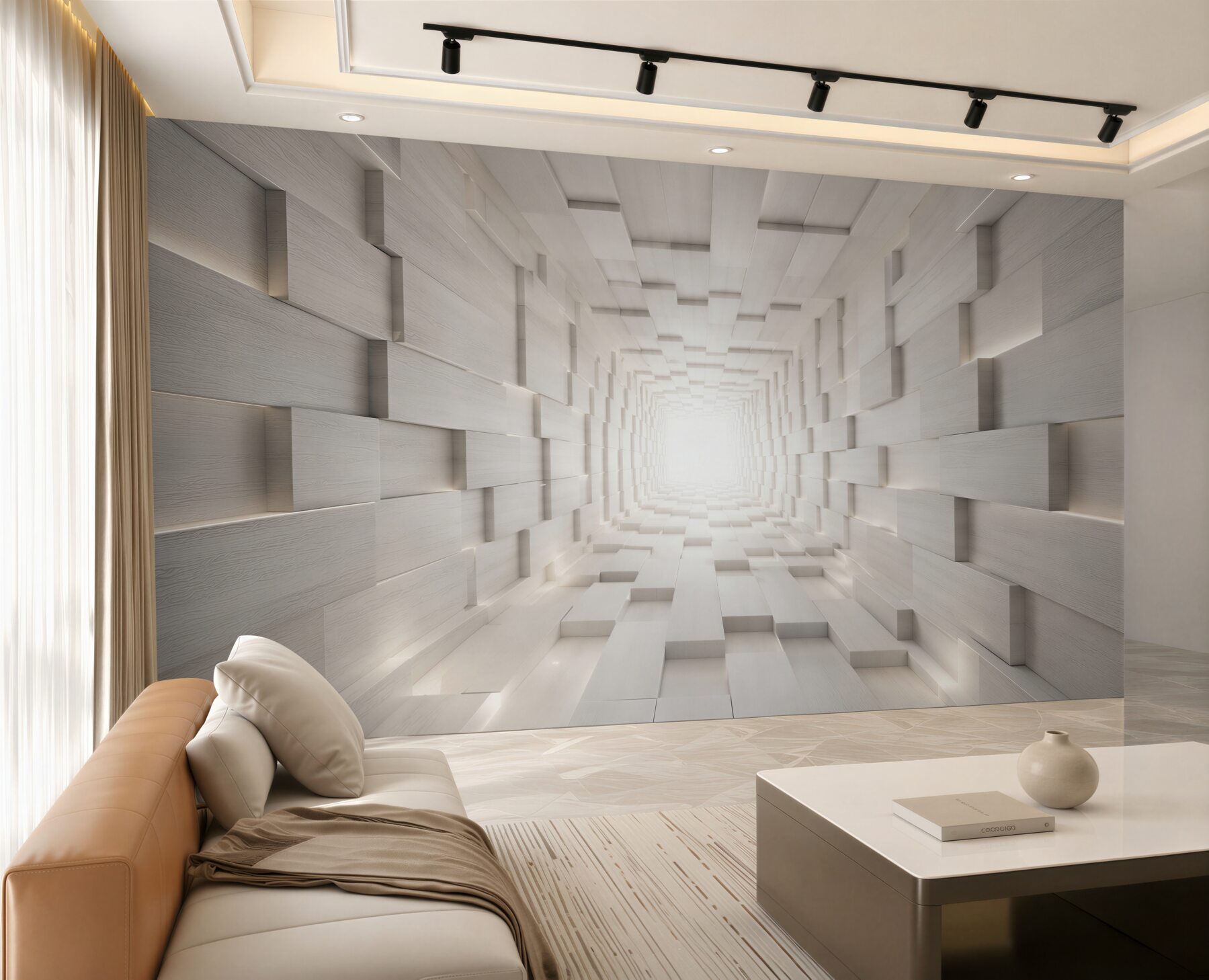Fototapeta przestrzenny tunel 3D biały z efektem głębi do nowoczesnego salonu?v23