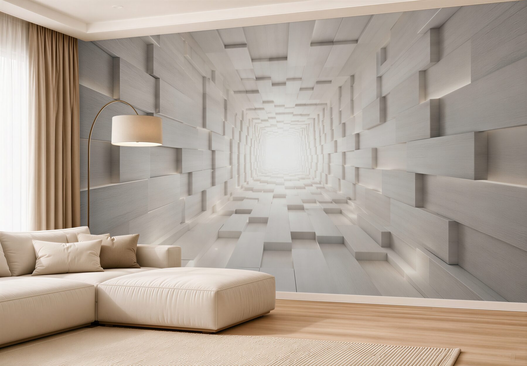 Fototapeta przestrzenny tunel 3D biały z efektem głębi do nowoczesnego salonu?v23
