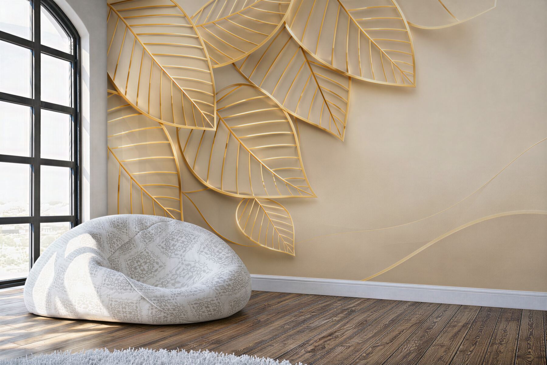 Fototapeta złote liście 3D na beżowym tle elegancka do salonu?v23