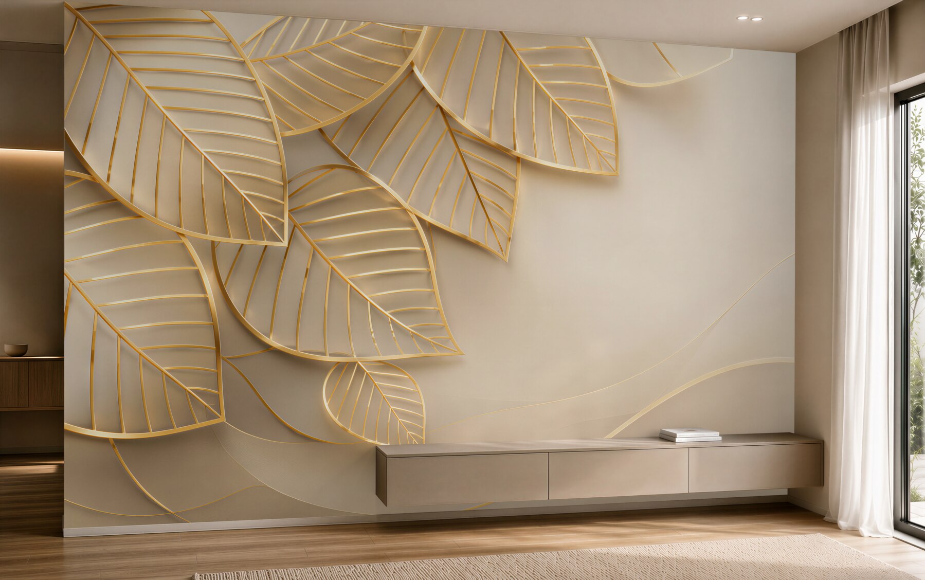 Fototapeta złote liście 3D na beżowym tle elegancka do salonu?v23