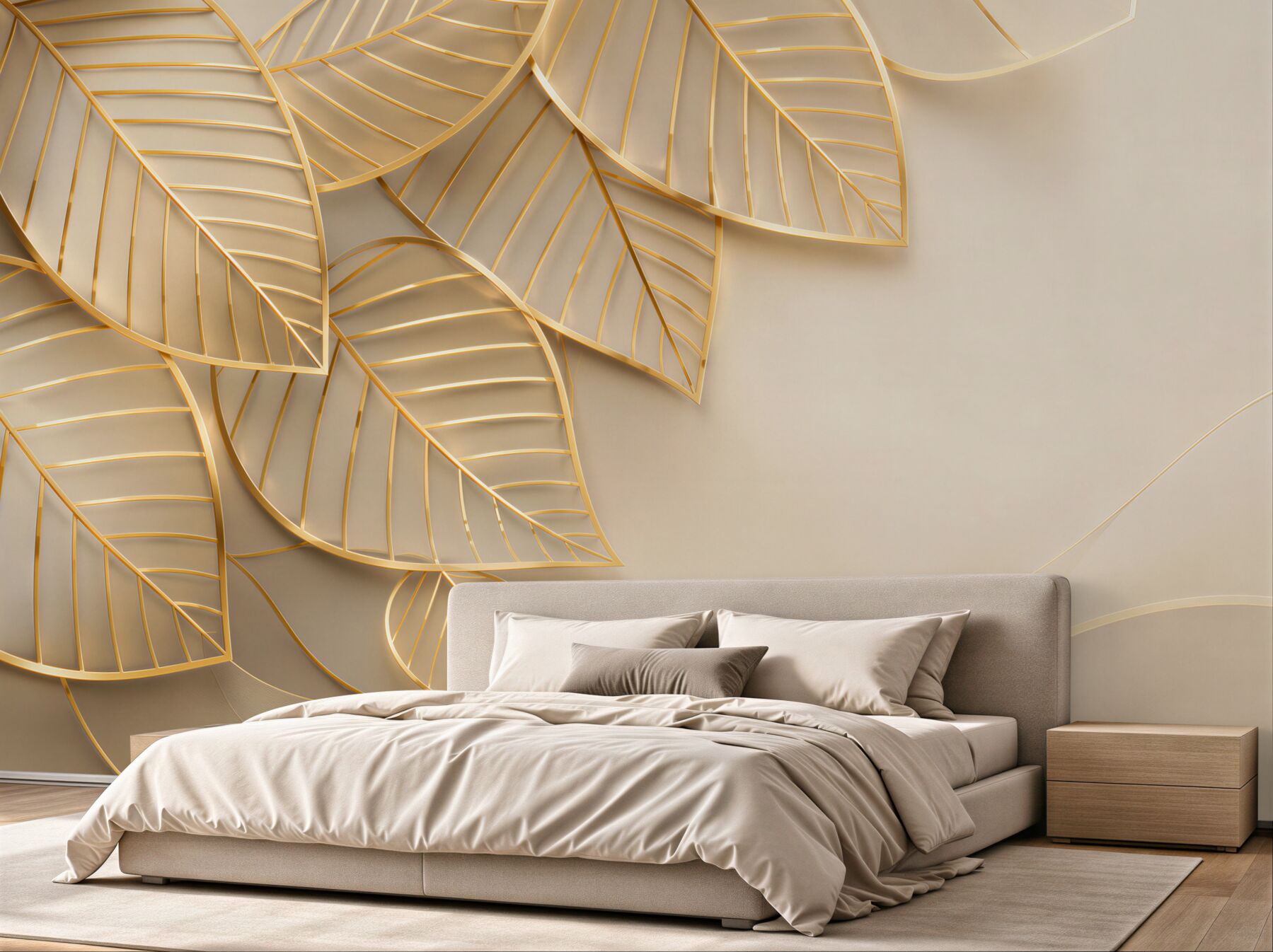 Fototapeta złote liście 3D na beżowym tle elegancka do salonu?v23