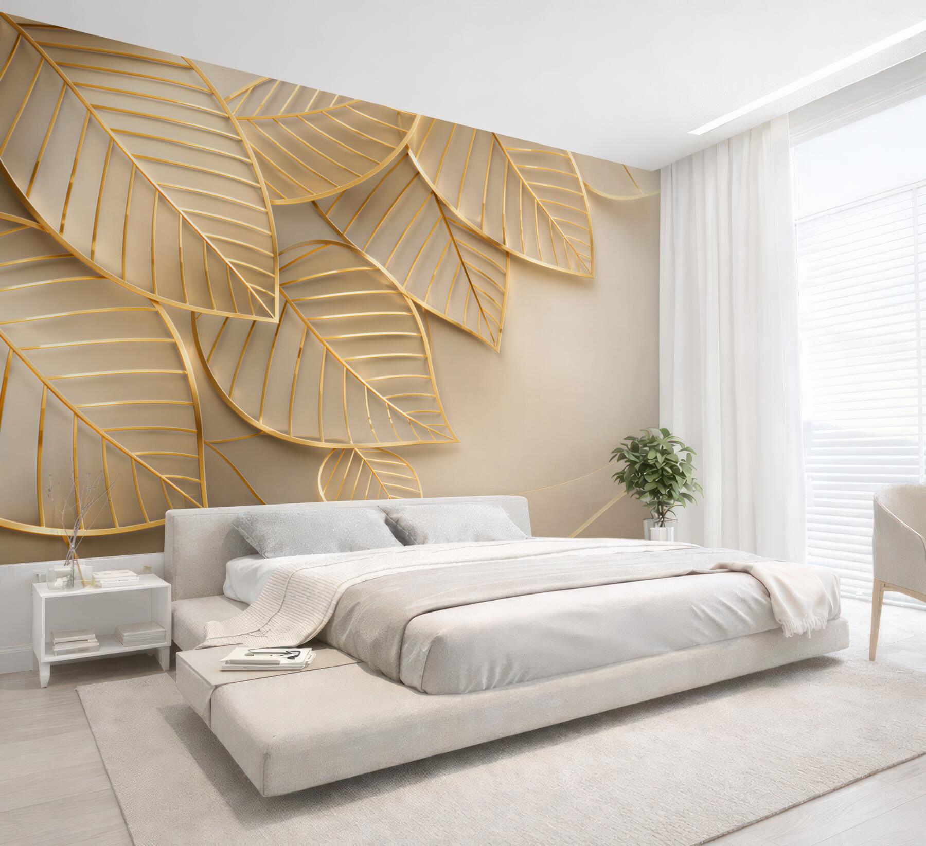 Fototapeta złote liście 3D na beżowym tle elegancka do salonu?v23