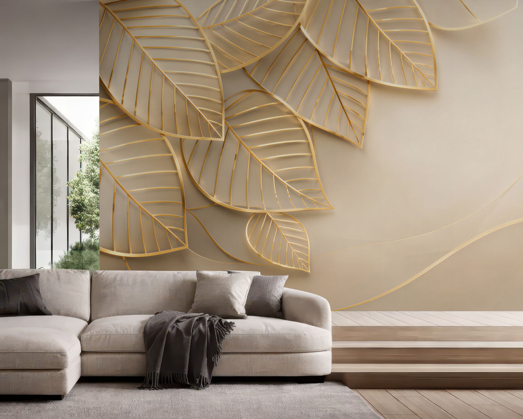 Fototapeta złote liście 3D na beżowym tle elegancka do salonu?v23