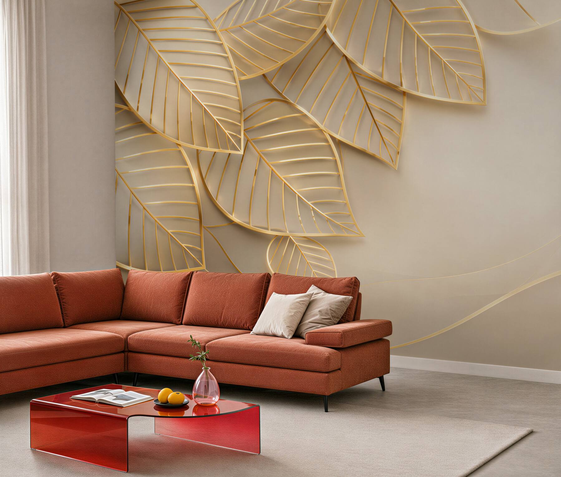 Fototapeta złote liście 3D na beżowym tle elegancka do salonu?v23