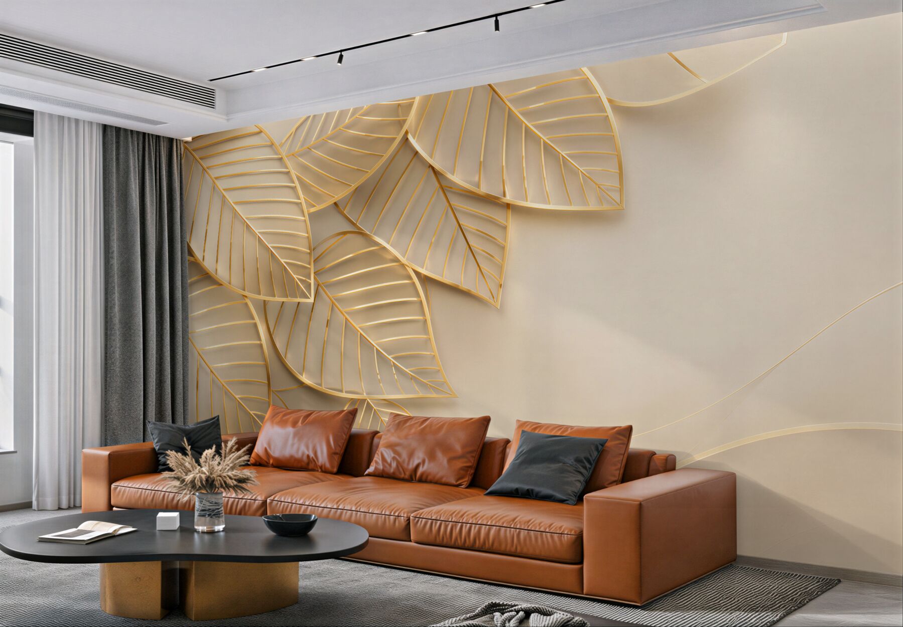 Fototapeta złote liście 3D na beżowym tle elegancka do salonu?v23
