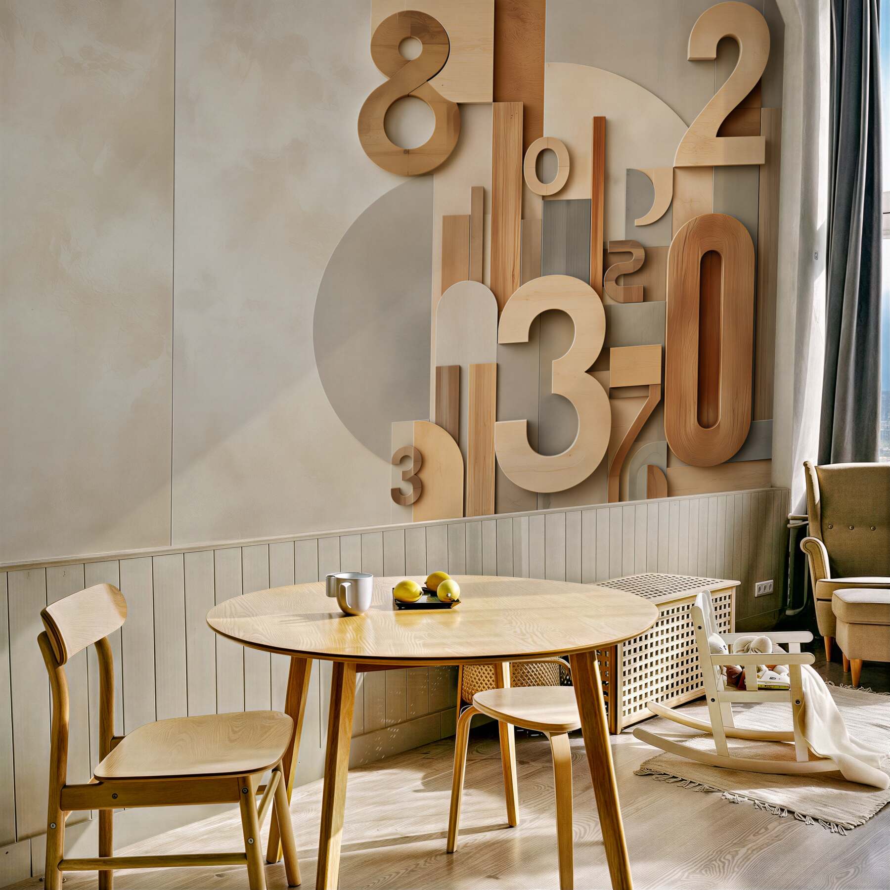 Fototapeta geometryczne cyfry 3D w drewnie beżowa nowoczesna do biura?v23