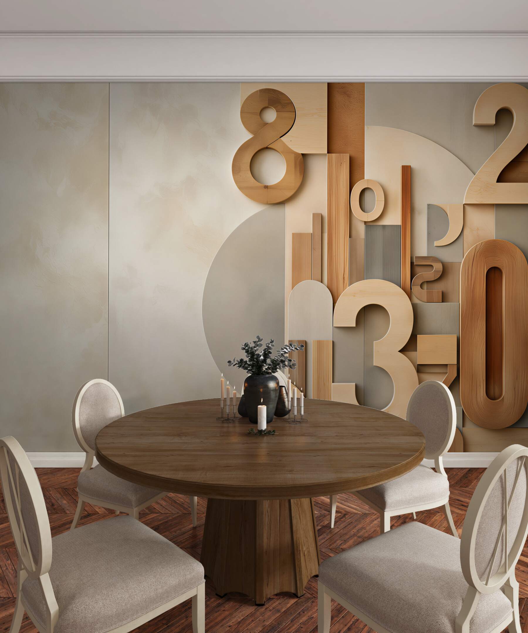 Fototapeta geometryczne cyfry 3D w drewnie beżowa nowoczesna do biura?v23