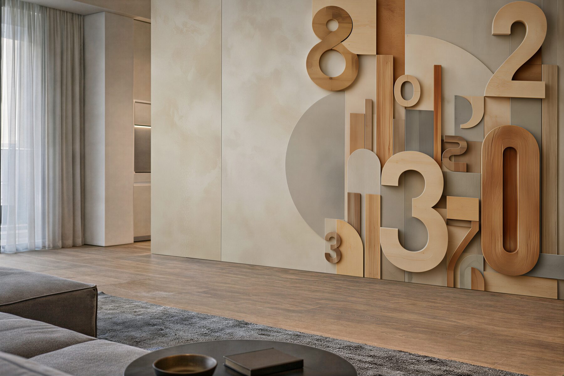 Fototapeta geometryczne cyfry 3D w drewnie beżowa nowoczesna do biura?v23