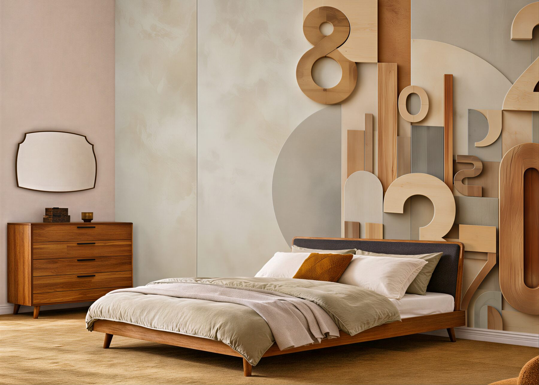 Fototapeta geometryczne cyfry 3D w drewnie beżowa nowoczesna do biura?v23