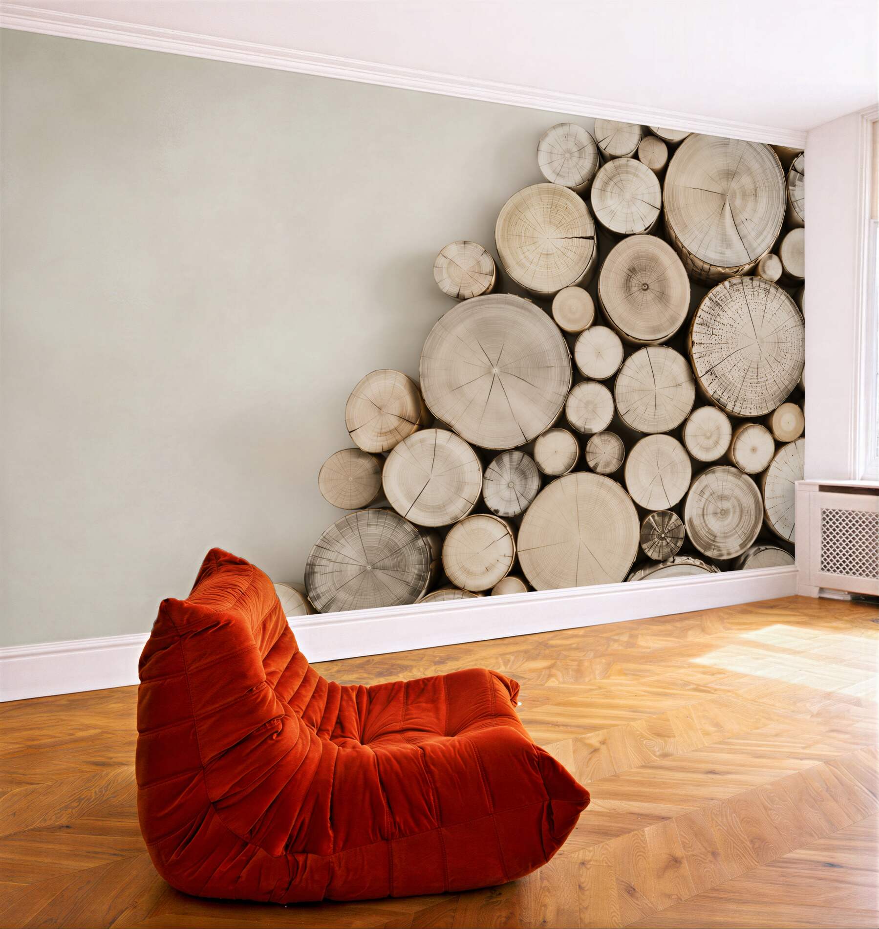 Fototapeta plastry drewna jasne na neutralnym tle do nowoczesnego salonu?v23