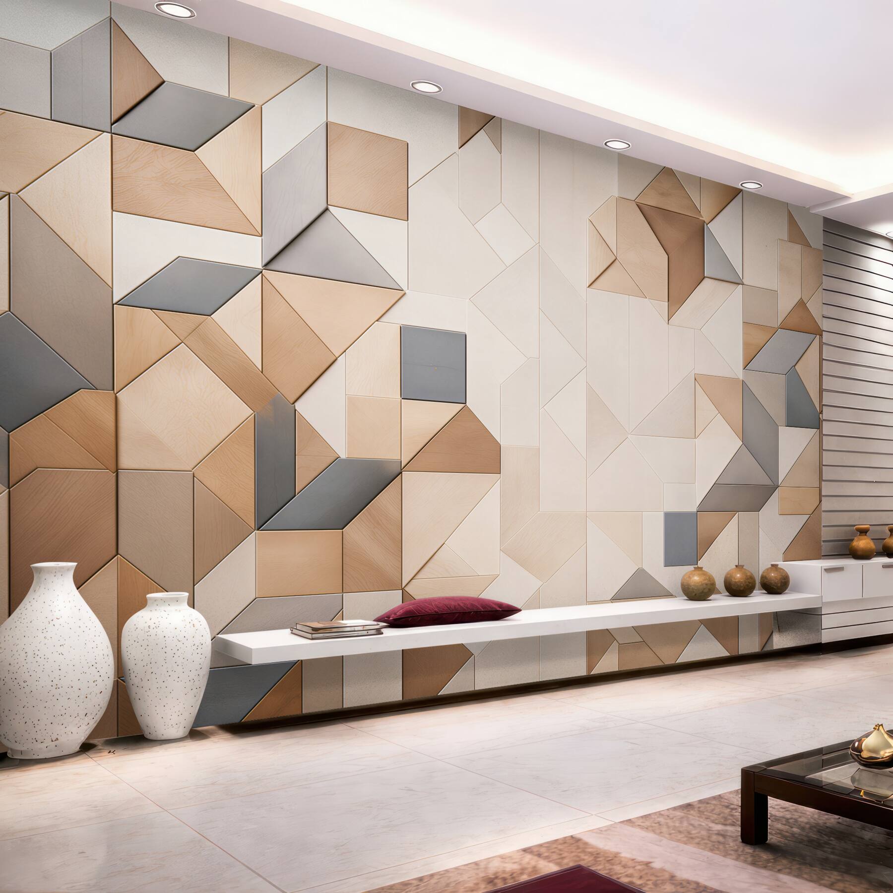 Fototapeta geometryczne panele drewniane beżowo szare nowoczesne 3D?v23