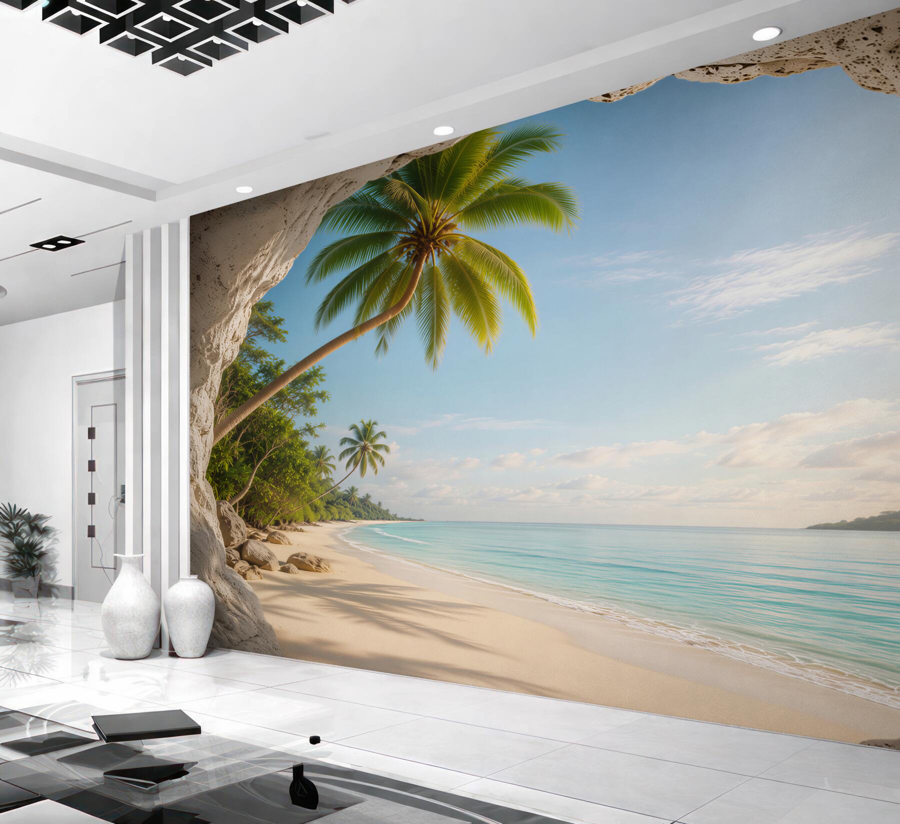 Fototapeta tropikalna plaża z palmami widok z jaskini relaksująca panorama?v23
