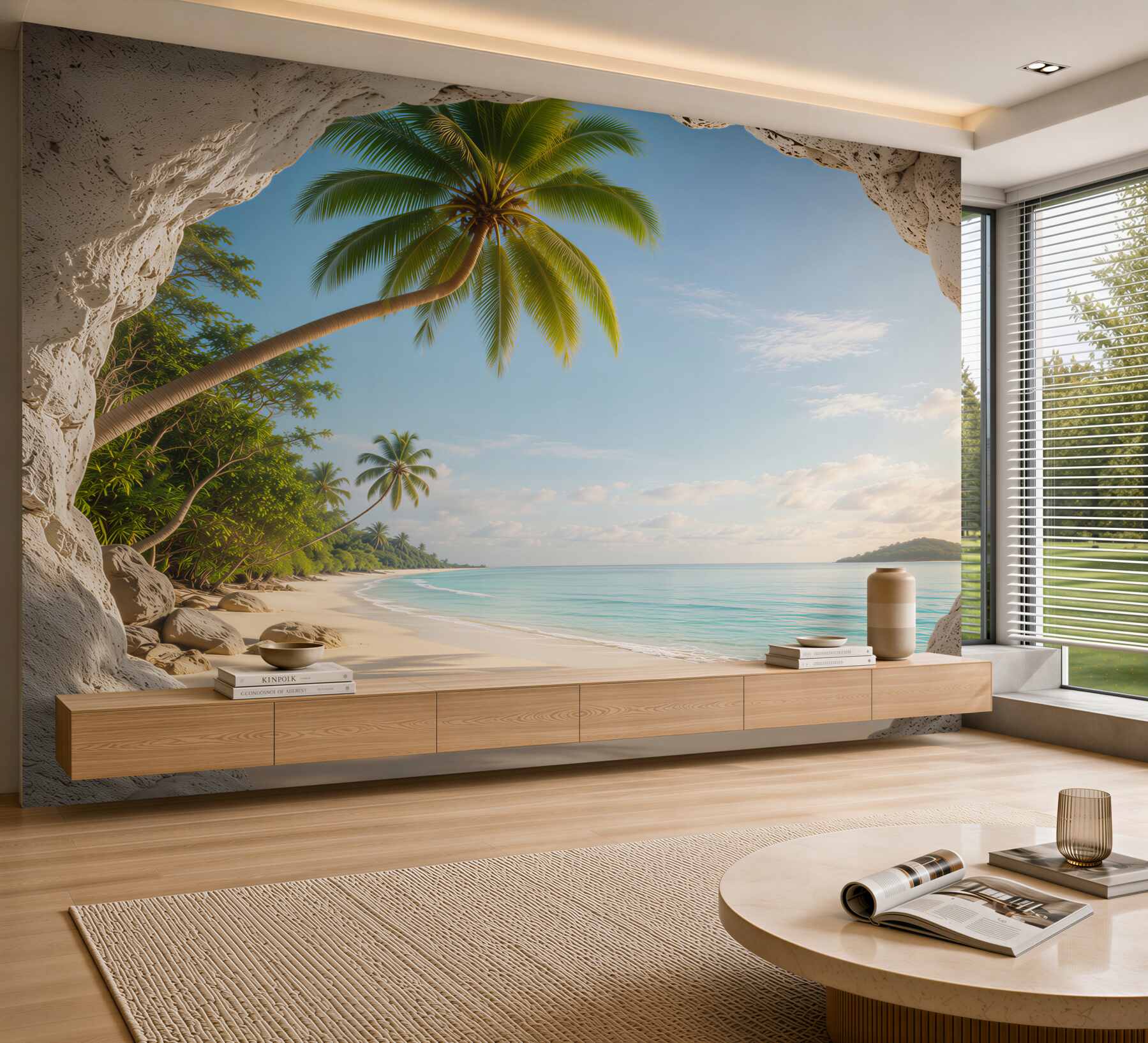 Fototapeta tropikalna plaża z palmami widok z jaskini relaksująca panorama?v23