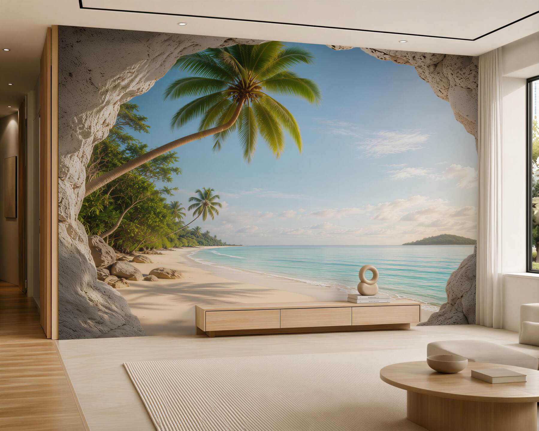 Fototapeta tropikalna plaża z palmami widok z jaskini relaksująca panorama?v23
