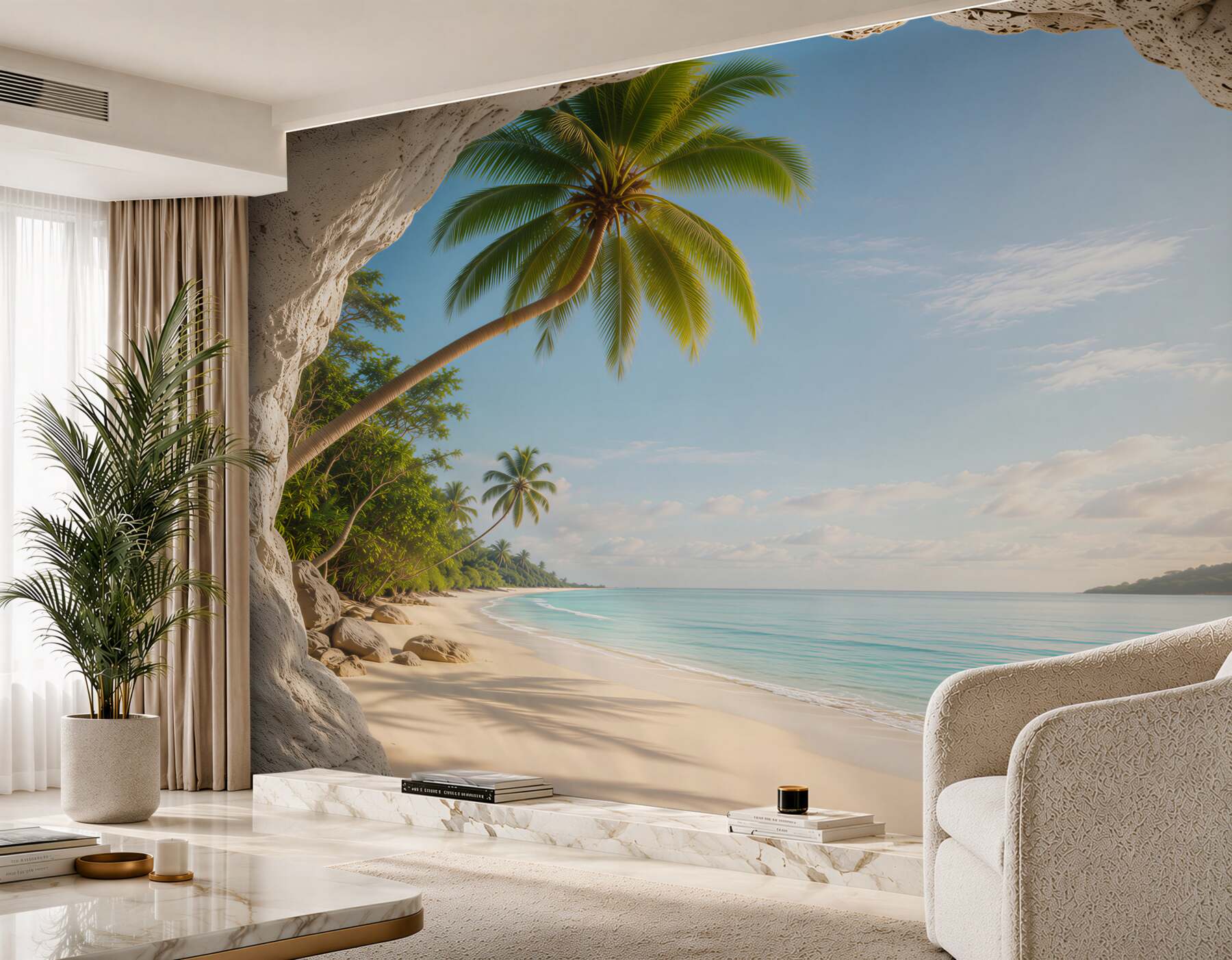 Fototapeta tropikalna plaża z palmami widok z jaskini relaksująca panorama
