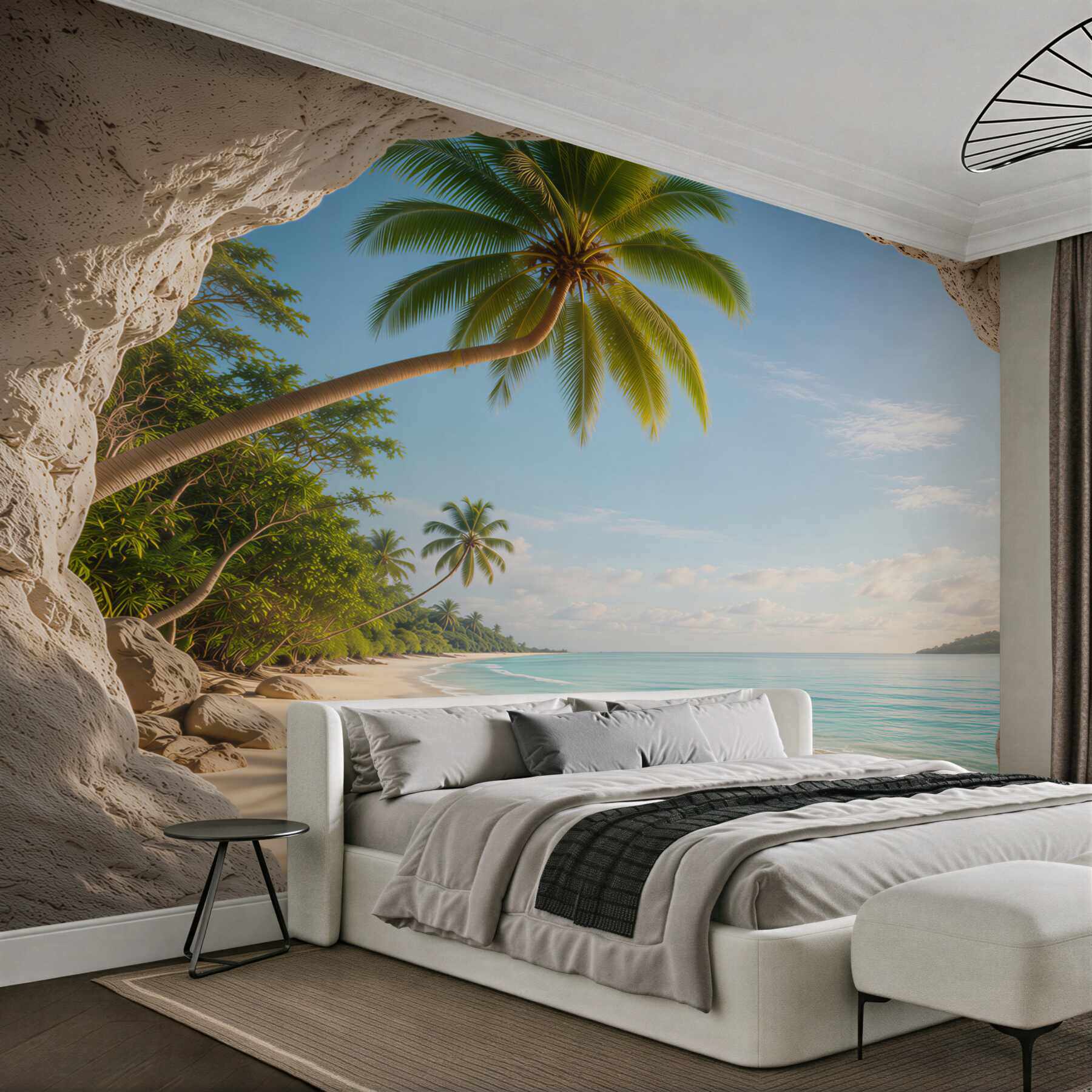 Fototapeta tropikalna plaża z palmami widok z jaskini relaksująca panorama?v23