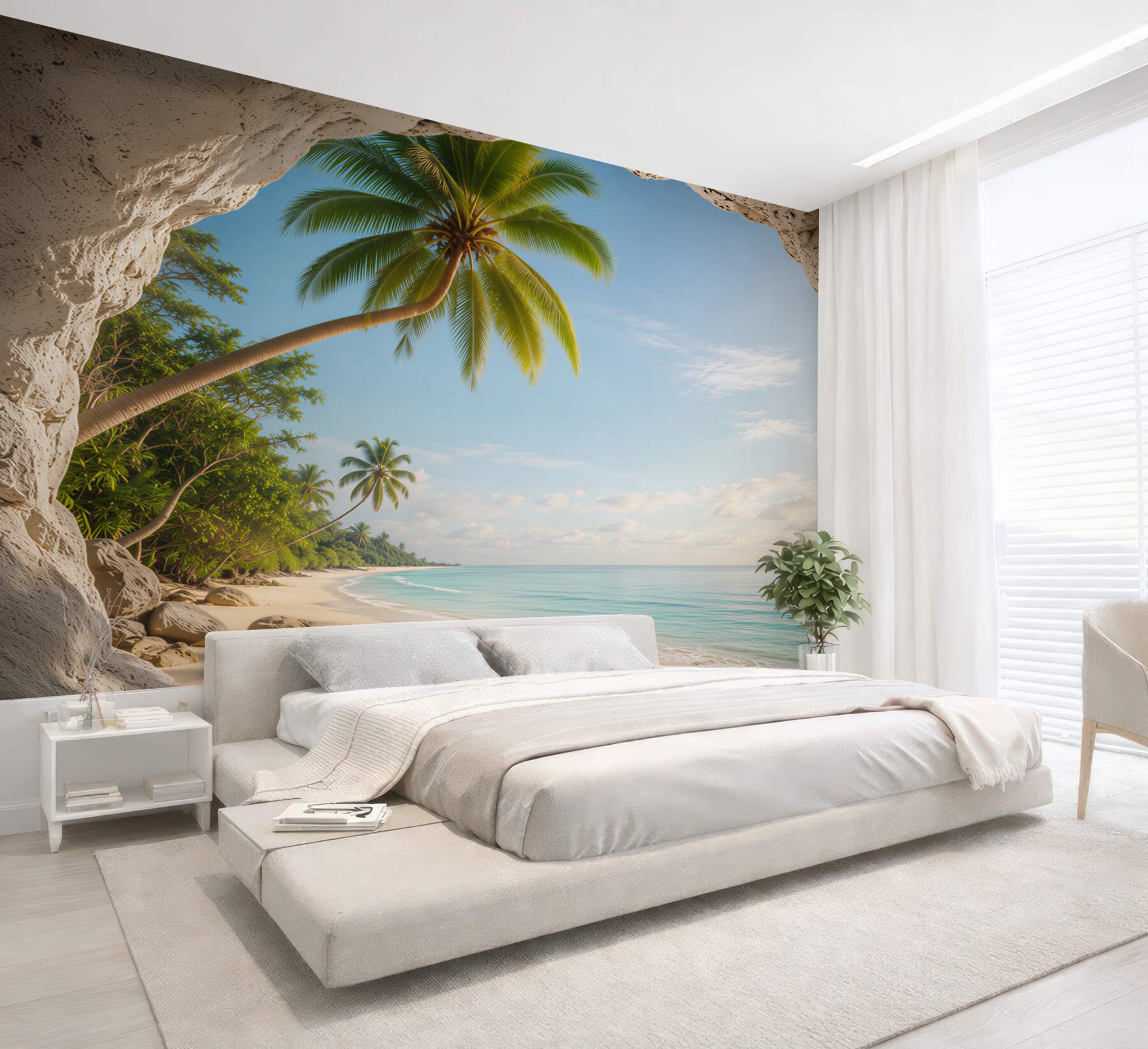 Fototapeta tropikalna plaża z palmami widok z jaskini relaksująca panorama?v23