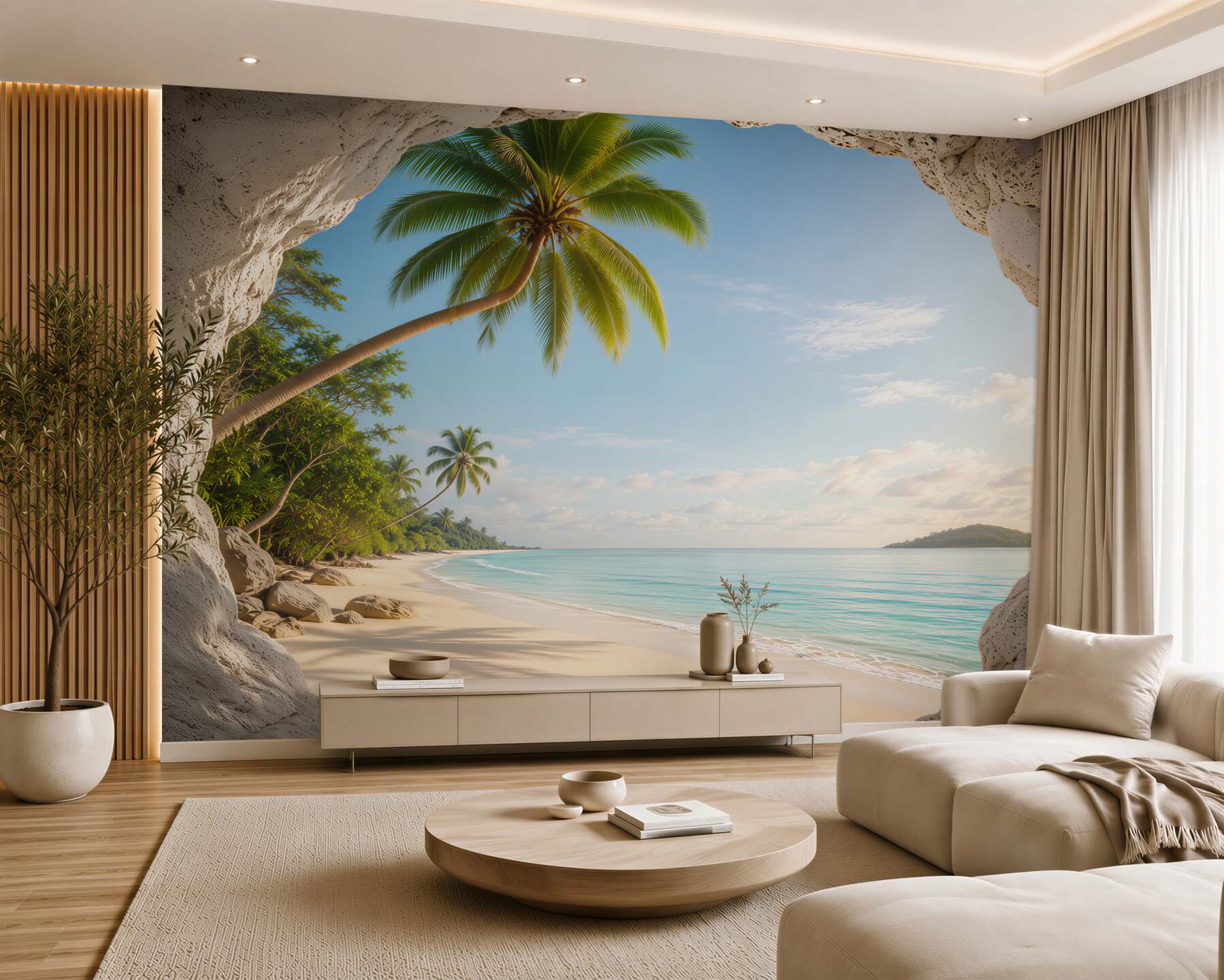 Fototapeta tropikalna plaża z palmami widok z jaskini relaksująca panorama?v23