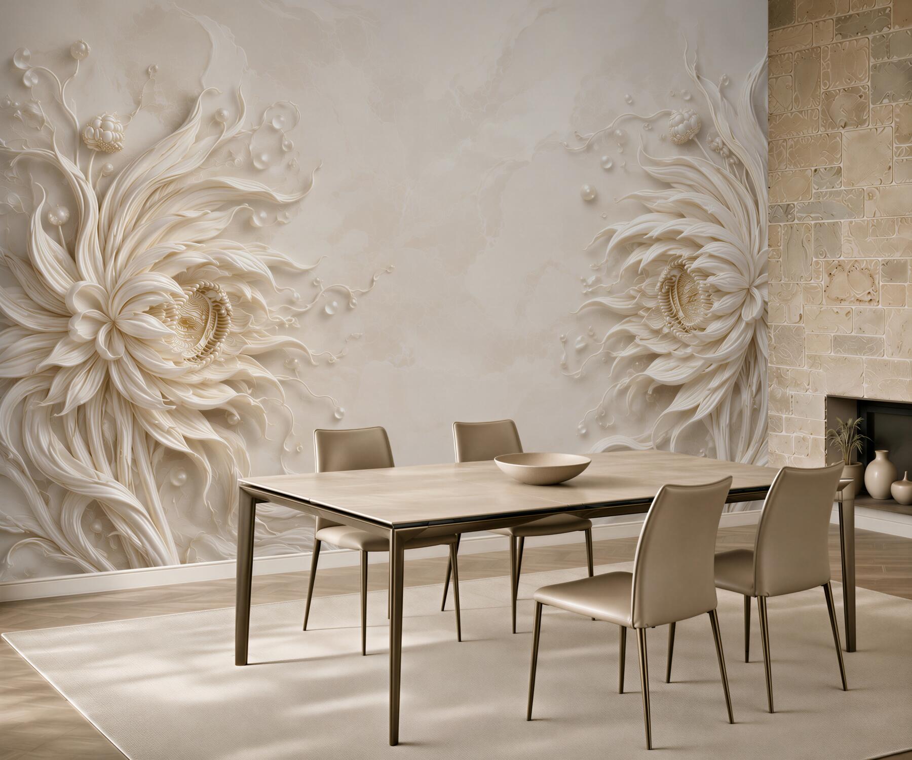Fototapeta kwiaty przestrzenne beżowe 3D eleganckie do sypialni?v23