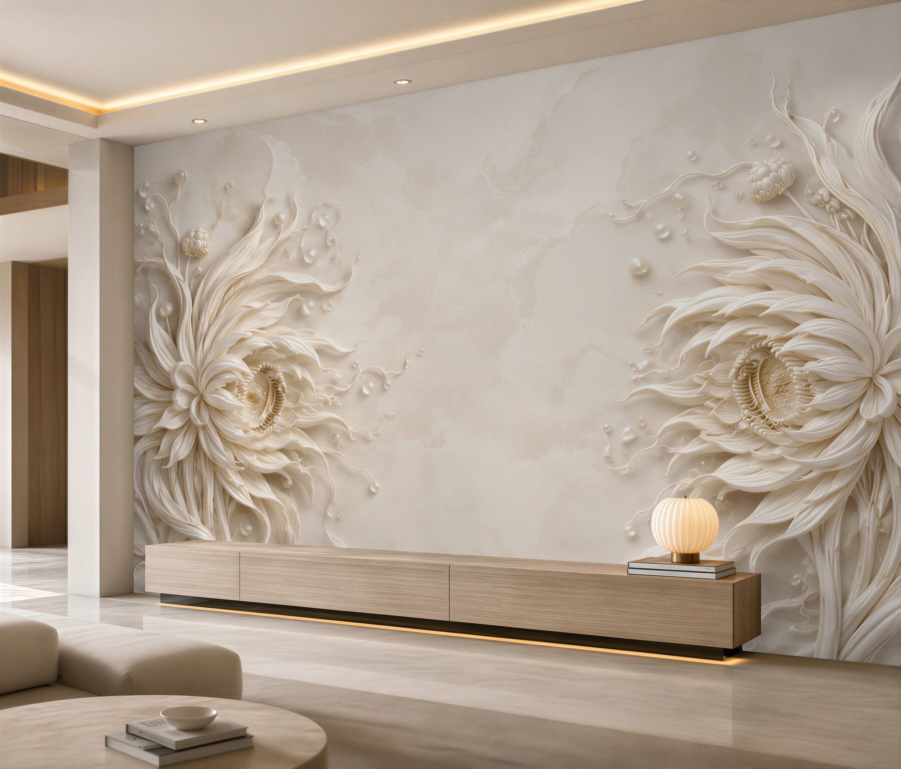 Fototapeta kwiaty przestrzenne beżowe 3D eleganckie do sypialni?v23
