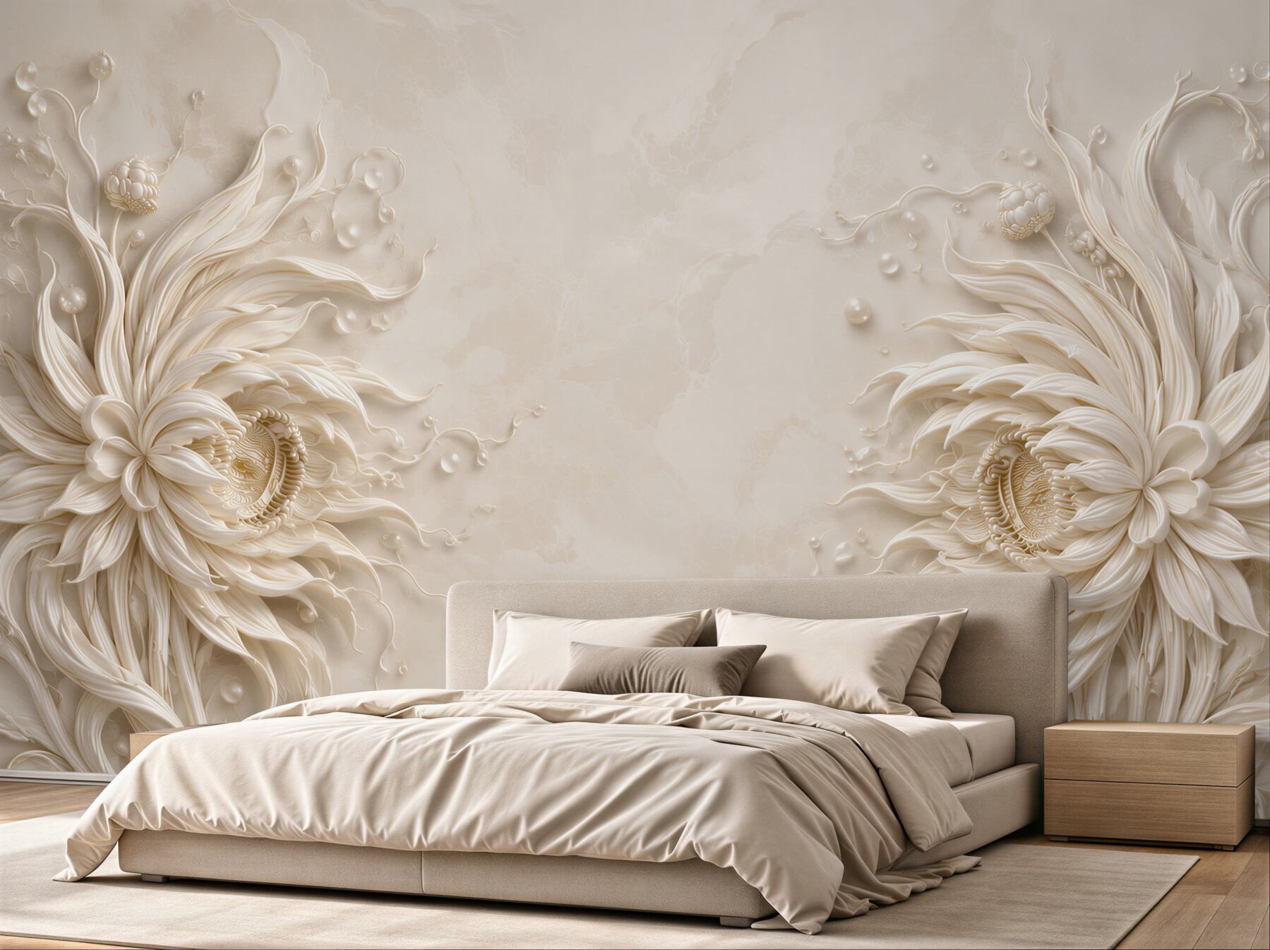 Fototapeta kwiaty przestrzenne beżowe 3D eleganckie do sypialni?v23