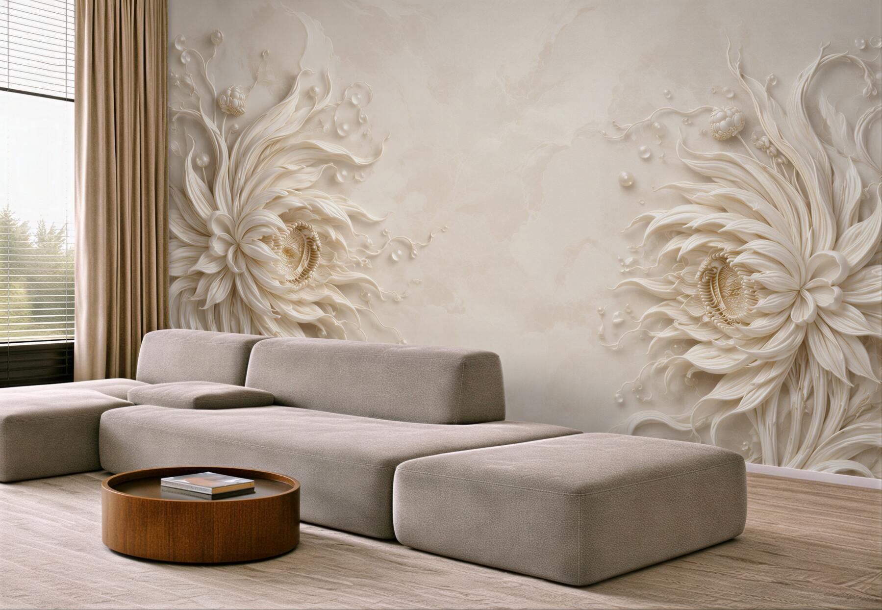 Fototapeta kwiaty przestrzenne beżowe 3D eleganckie do sypialni?v23