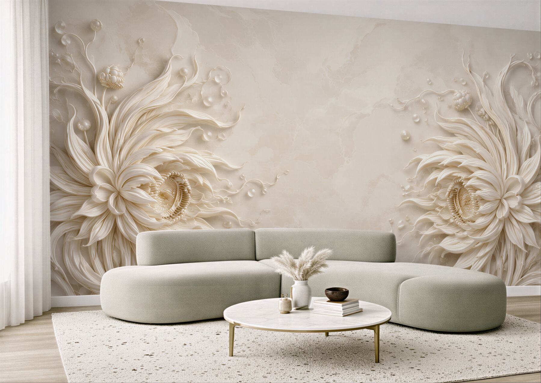 Fototapeta kwiaty przestrzenne beżowe 3D eleganckie do sypialni?v23