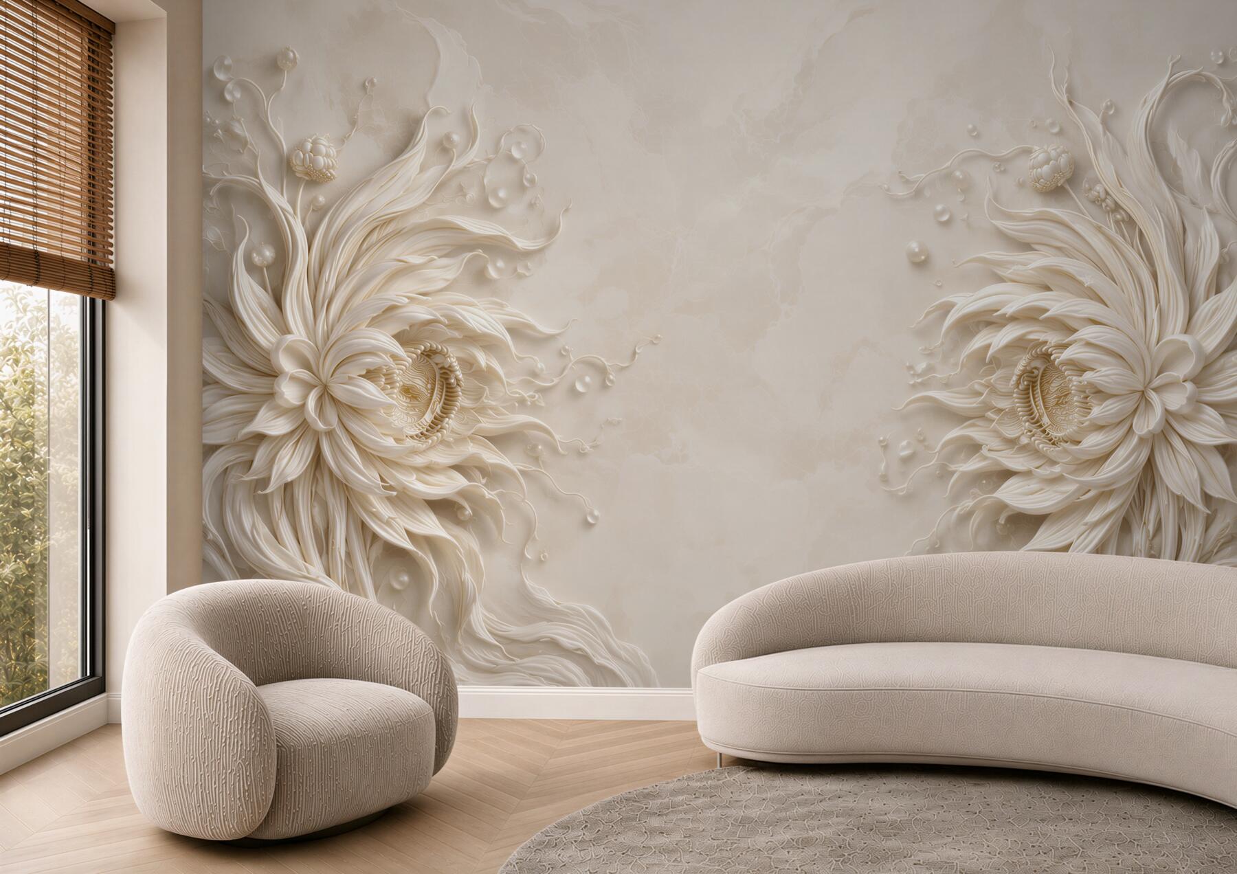 Fototapeta kwiaty przestrzenne beżowe 3D eleganckie do sypialni?v23
