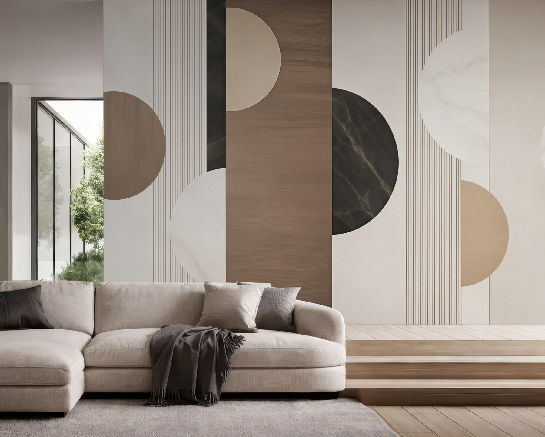 Fototapeta geometryczne koła i pionowe linie beżowe nowoczesna abstrakcja?v23