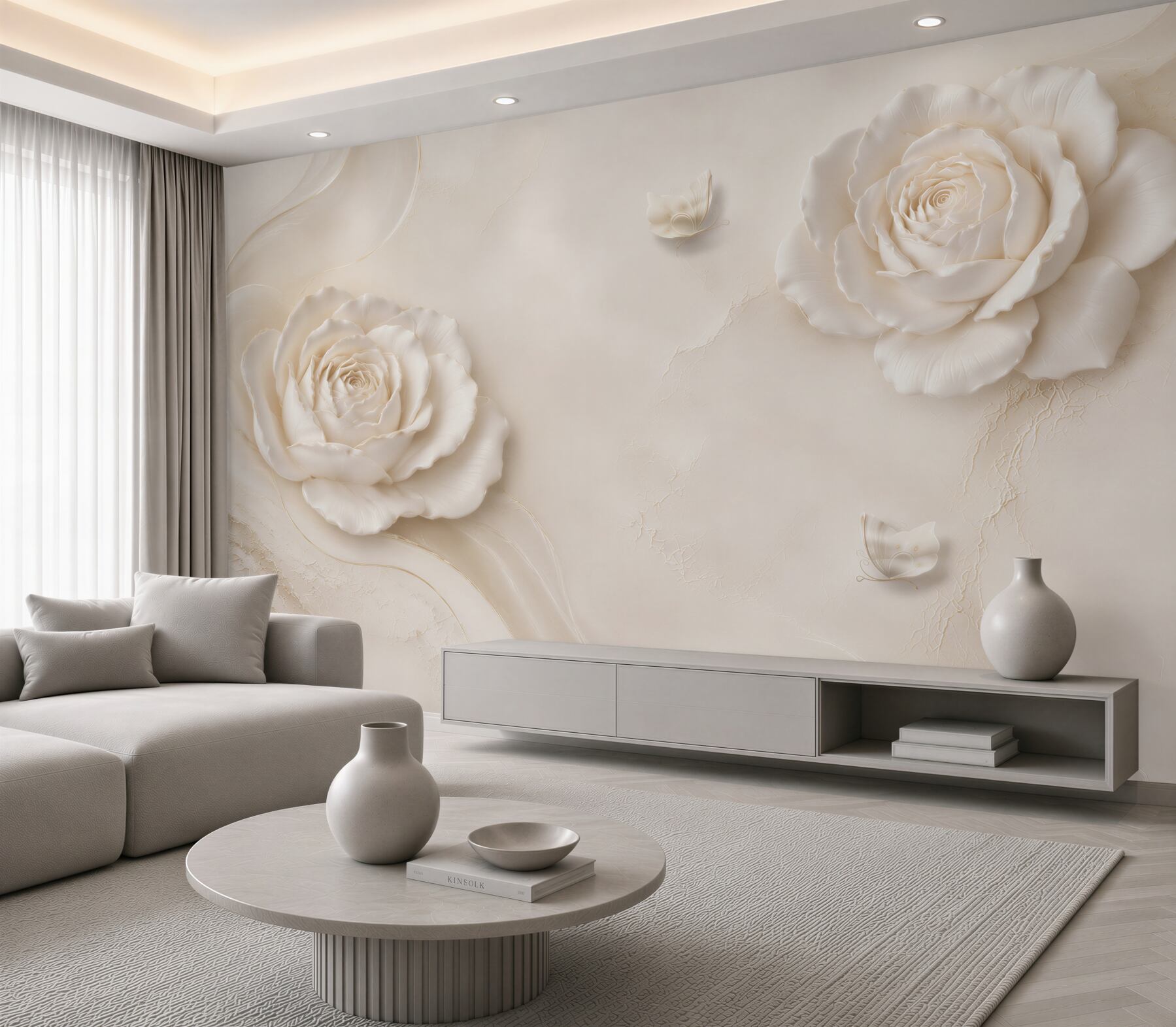 Fototapeta białe róże z motylami na kremowym tle elegancka do salonu?v23