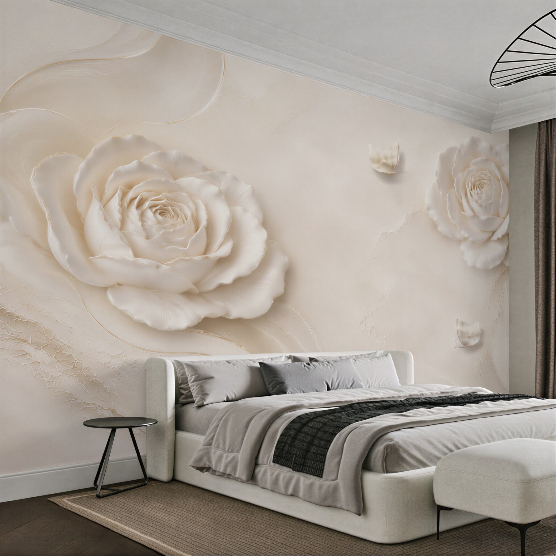 Fototapeta białe róże z motylami na kremowym tle elegancka do salonu?v23