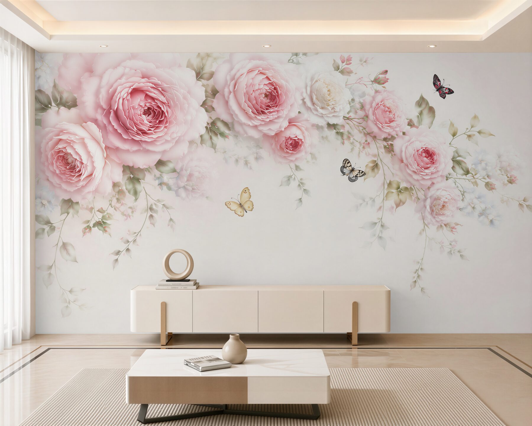 Fototapeta różowe peonie z motylami na jasnym tle subtelna romantyczna?v23