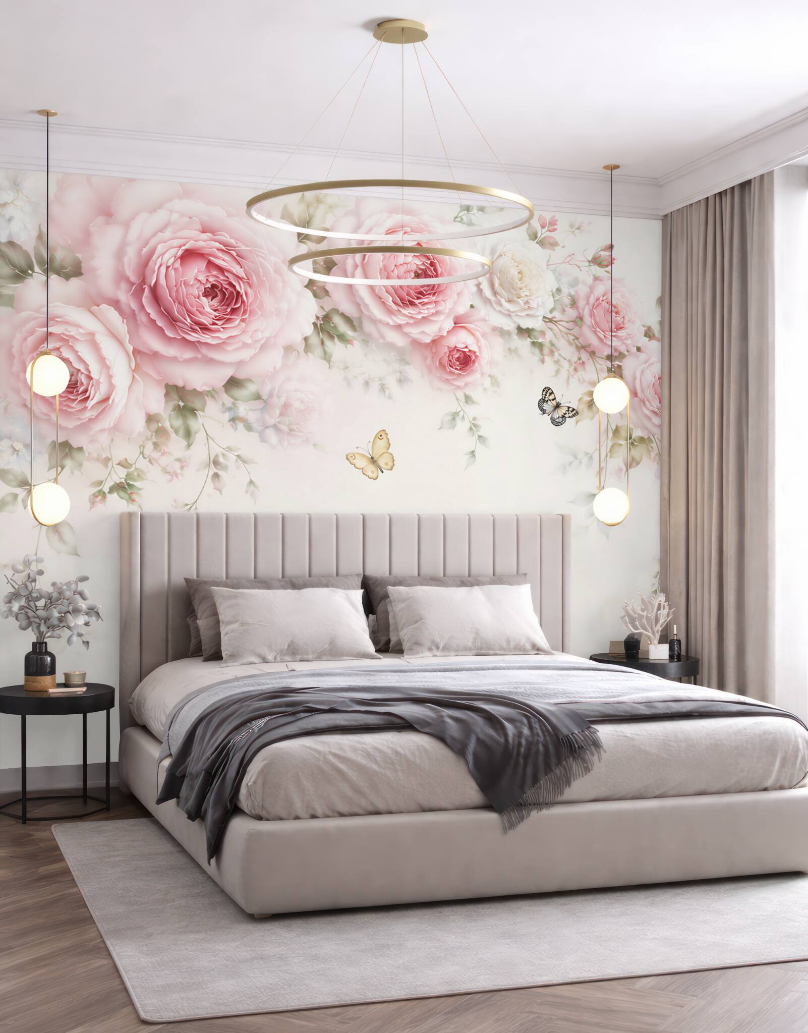 Fototapeta różowe peonie z motylami na jasnym tle subtelna romantyczna?v23