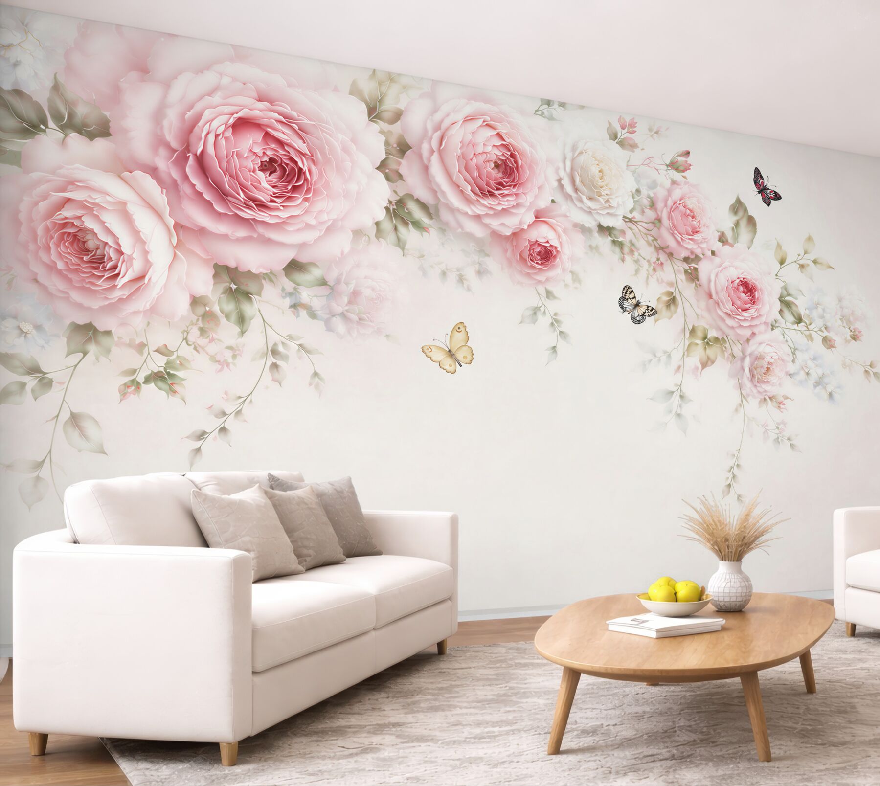 Fototapeta różowe peonie z motylami na jasnym tle subtelna romantyczna?v23