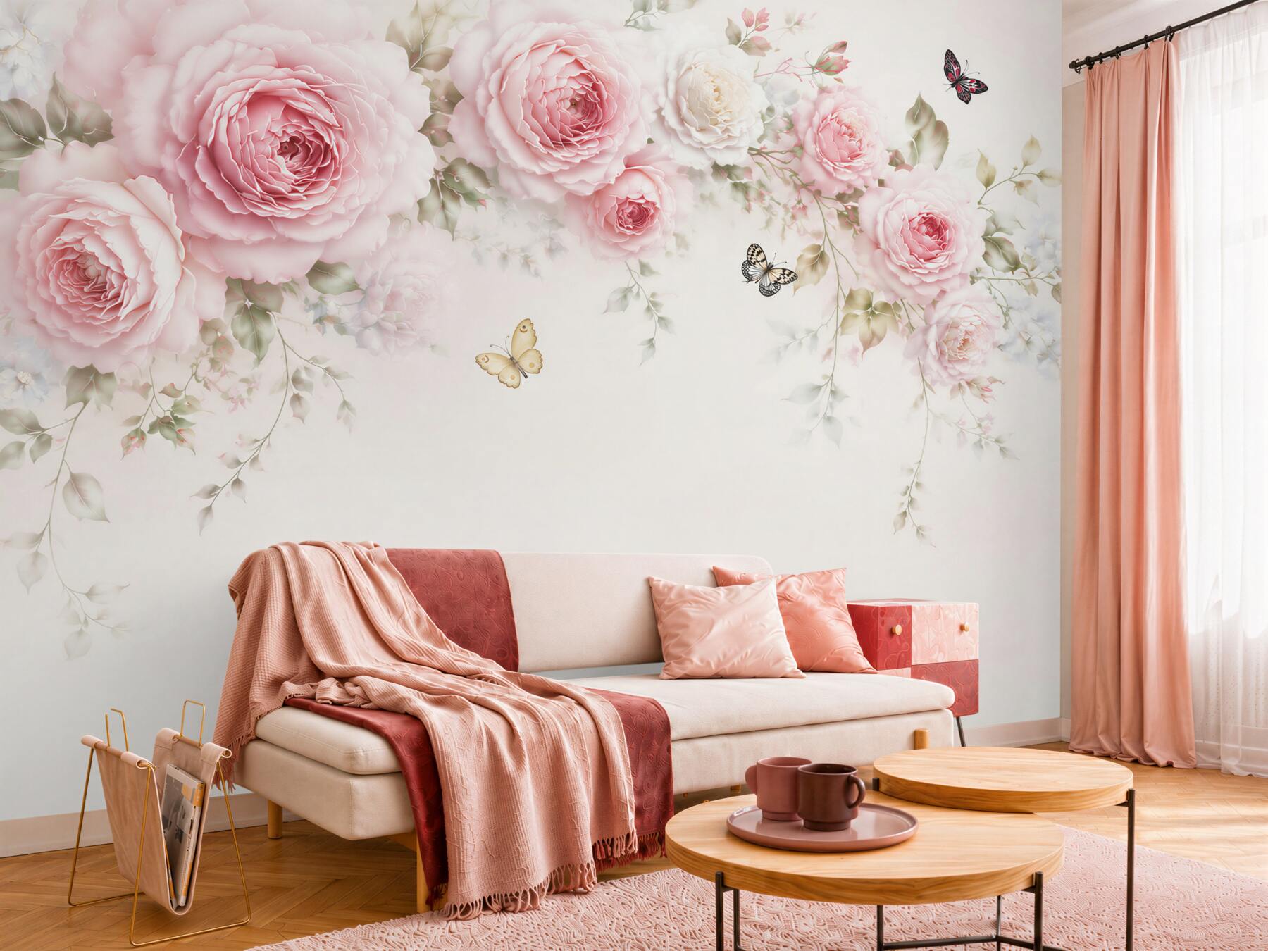 Fototapeta różowe peonie z motylami na jasnym tle subtelna romantyczna?v23