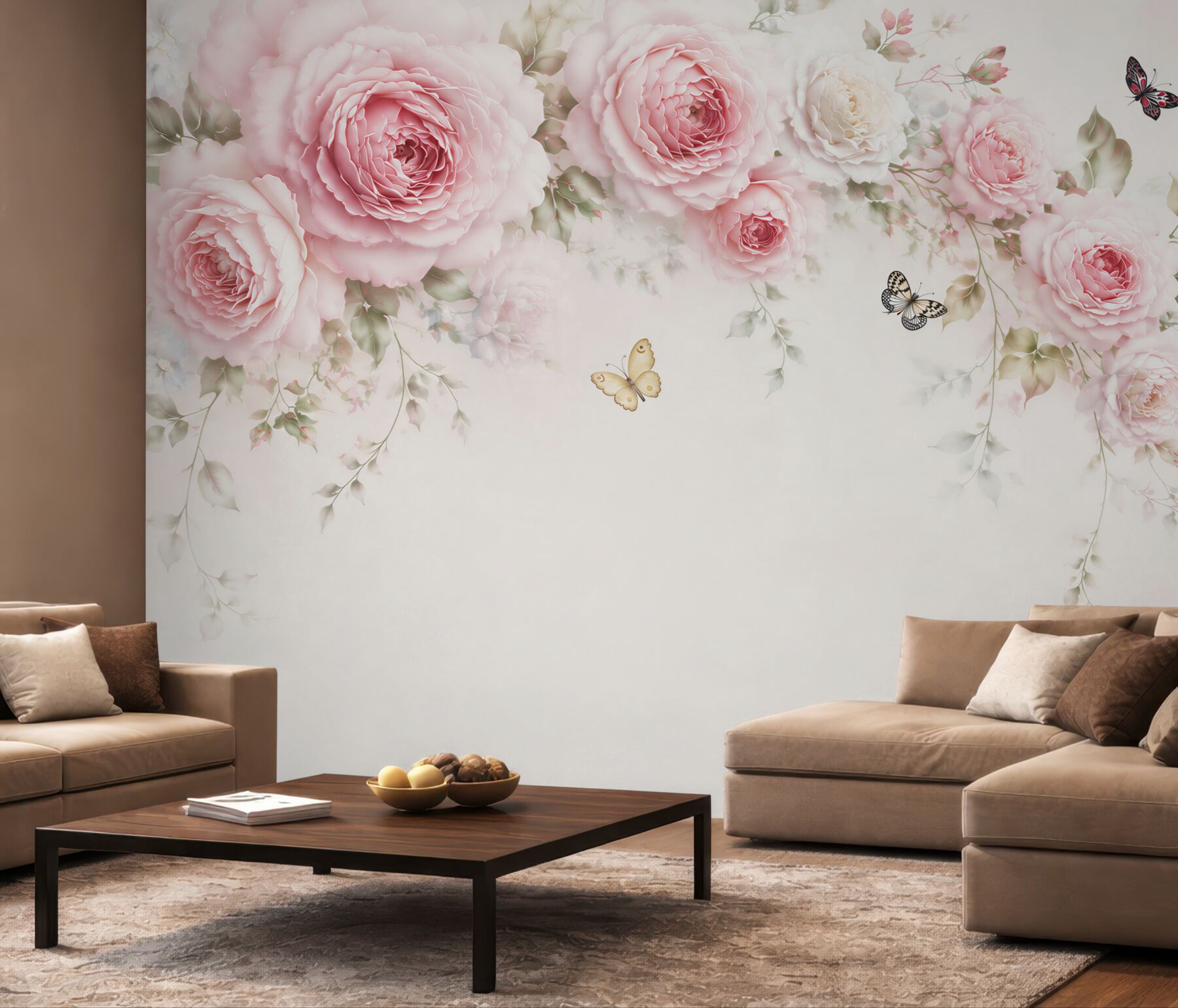 Fototapeta różowe peonie z motylami na jasnym tle subtelna romantyczna?v23