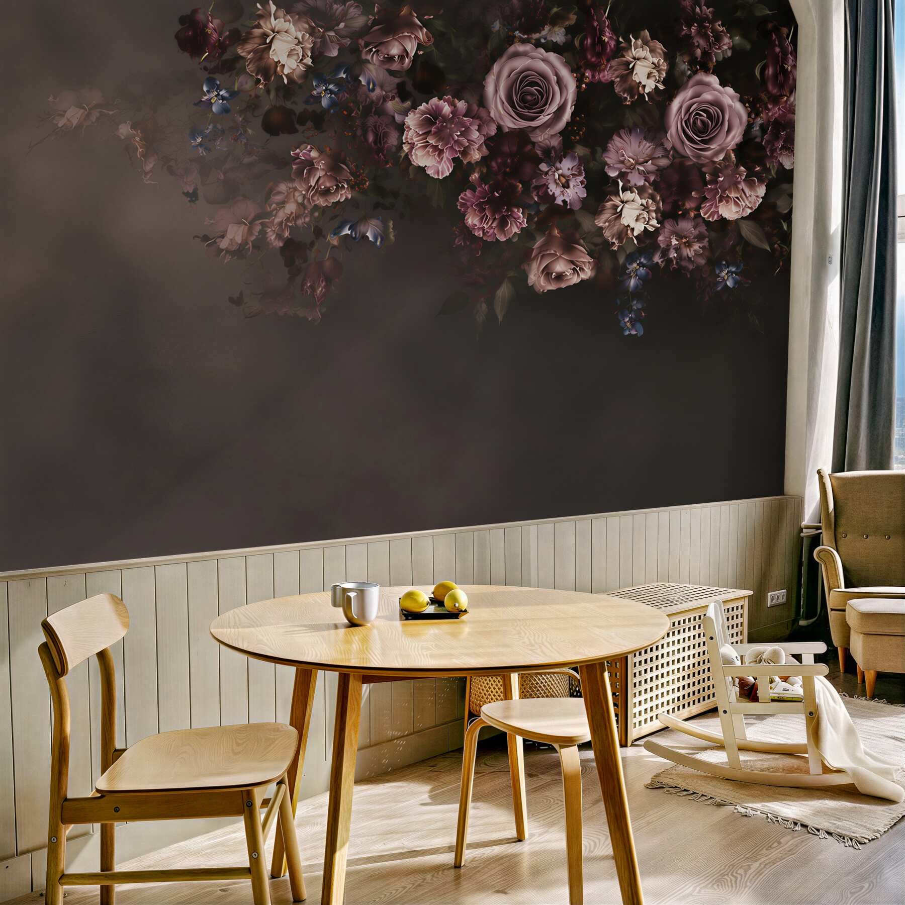 Fototapeta ciemne róże i kwiaty w odcieniach pudrowego różu elegancka?v23