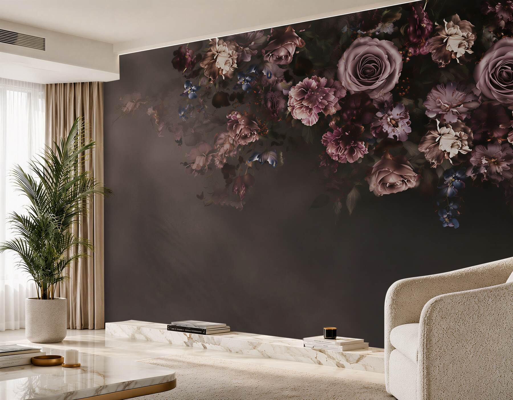 Fototapeta ciemne róże i kwiaty w odcieniach pudrowego różu elegancka?v23