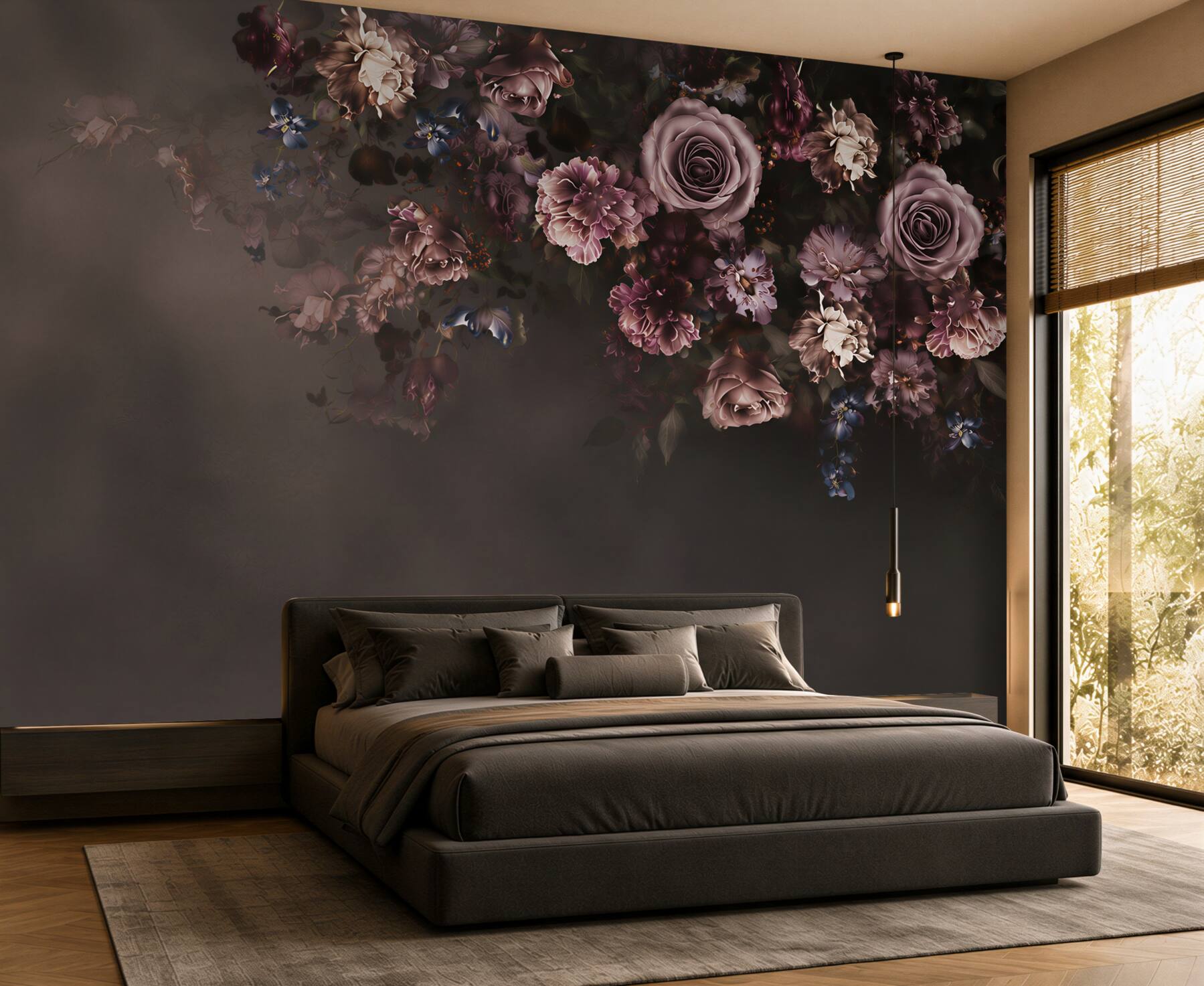 Fototapeta ciemne róże i kwiaty w odcieniach pudrowego różu elegancka?v23