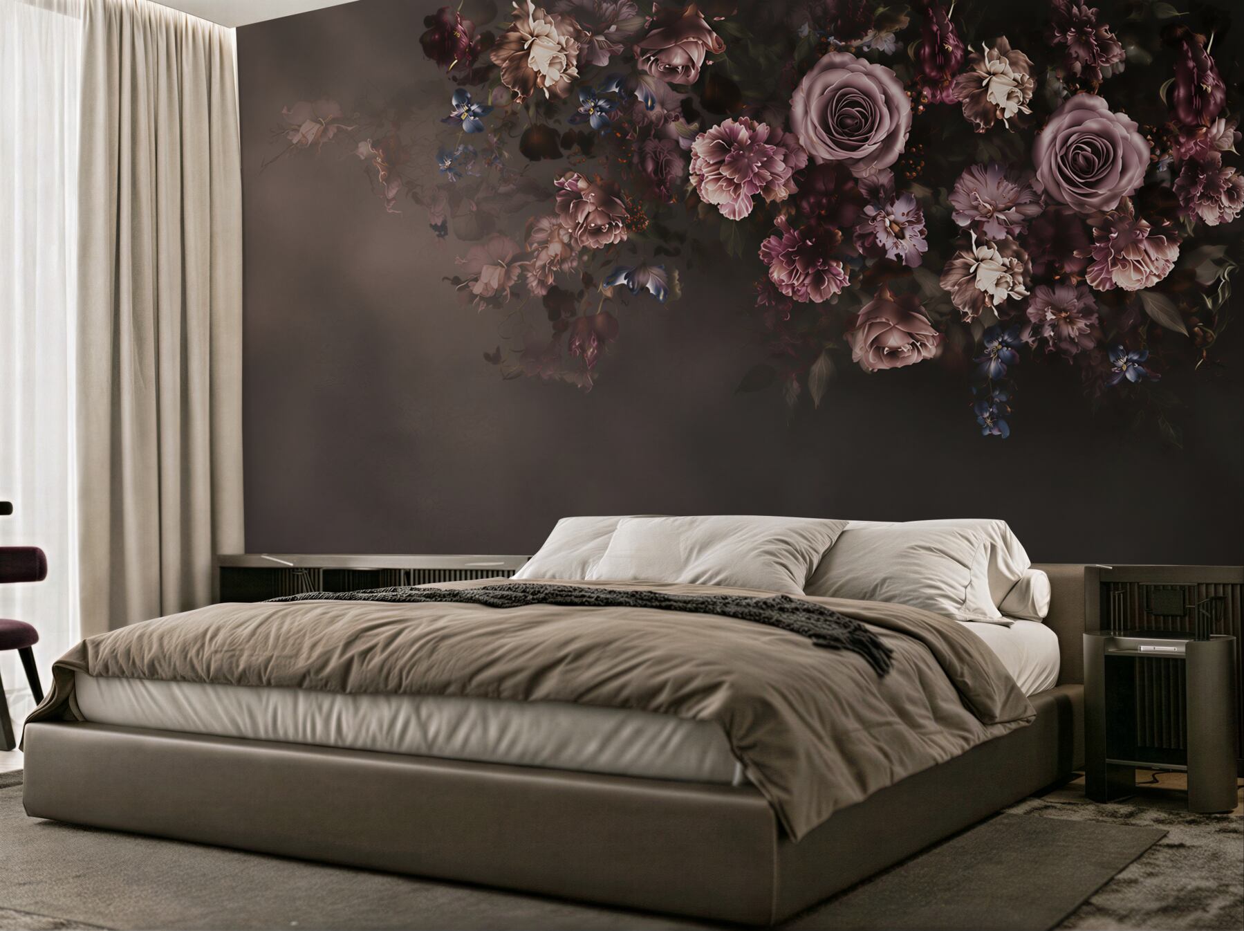 Fototapeta ciemne róże i kwiaty w odcieniach pudrowego różu elegancka?v23