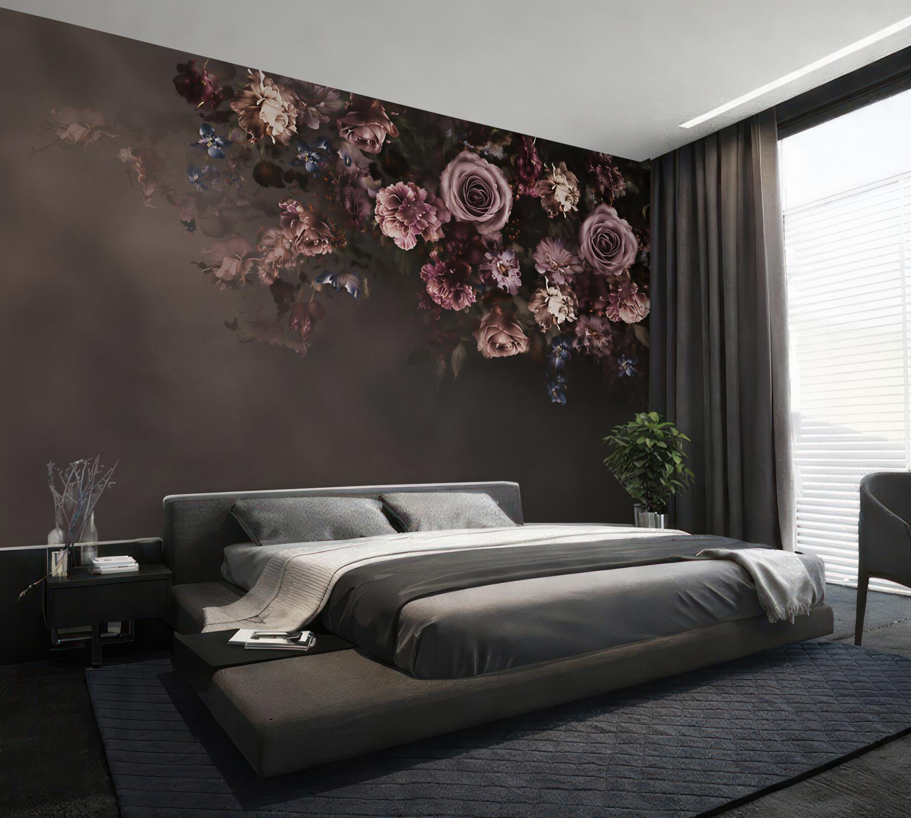 Fototapeta ciemne róże i kwiaty w odcieniach pudrowego różu elegancka?v23