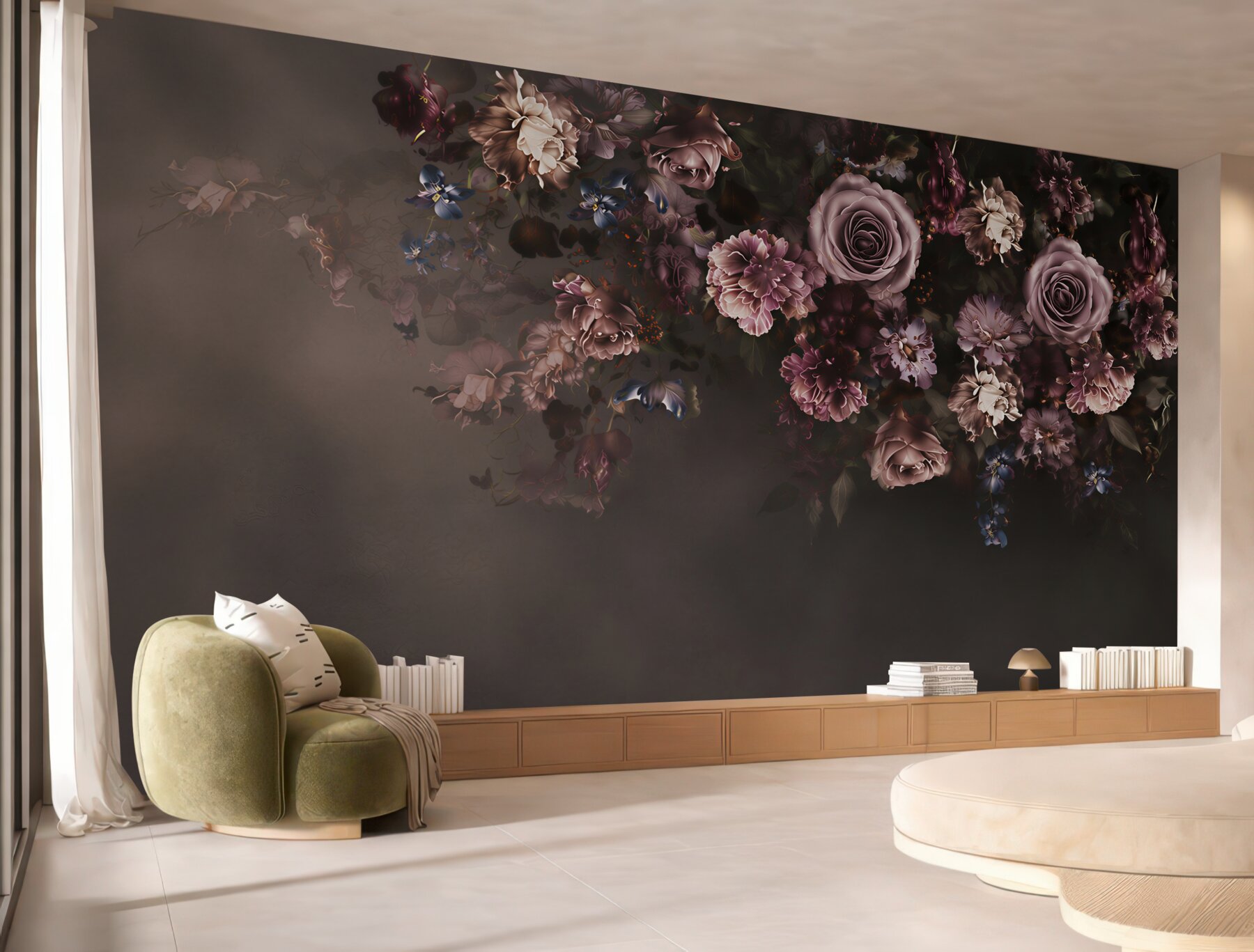 Fototapeta ciemne róże i kwiaty w odcieniach pudrowego różu elegancka?v23