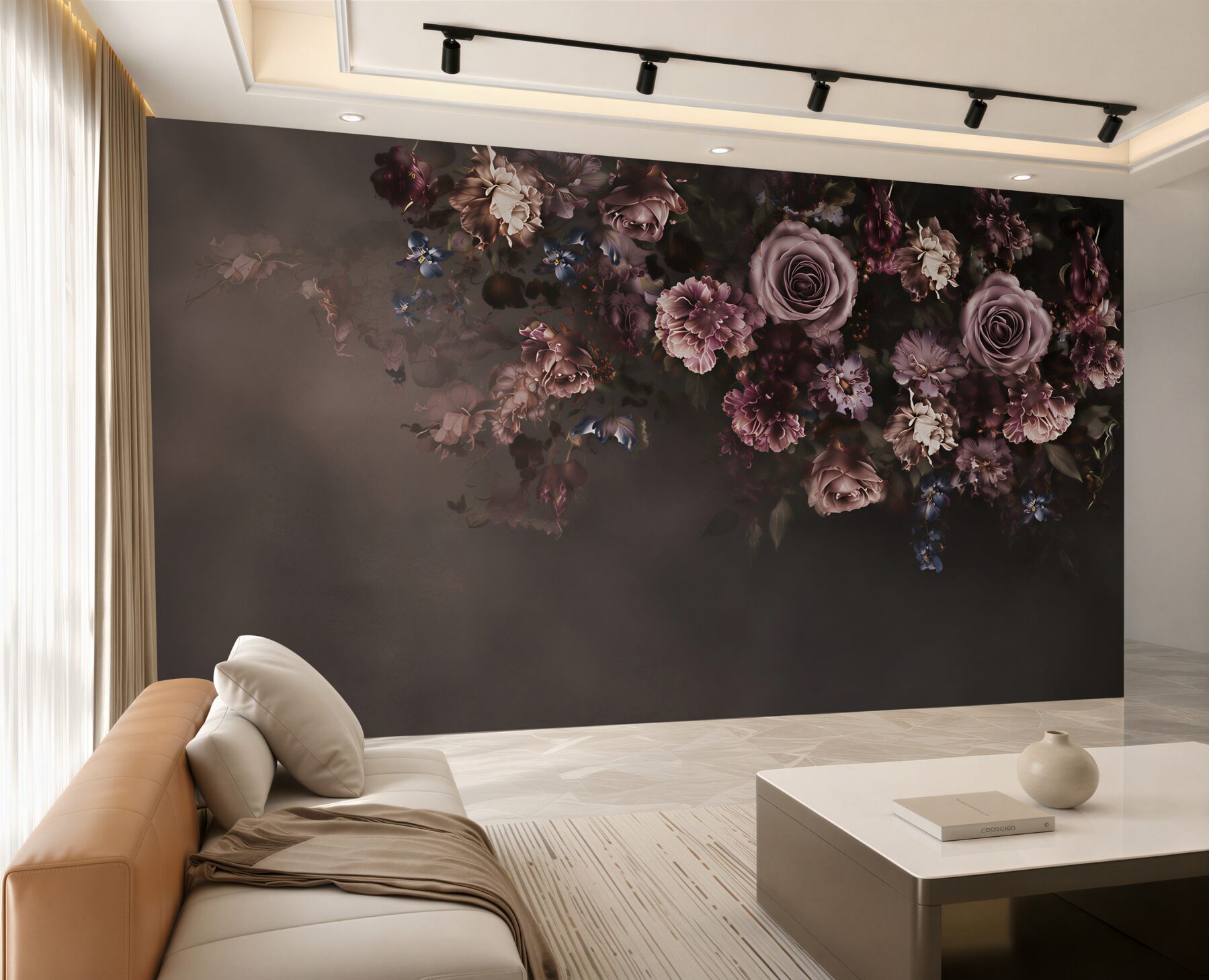 Fototapeta ciemne róże i kwiaty w odcieniach pudrowego różu elegancka?v23