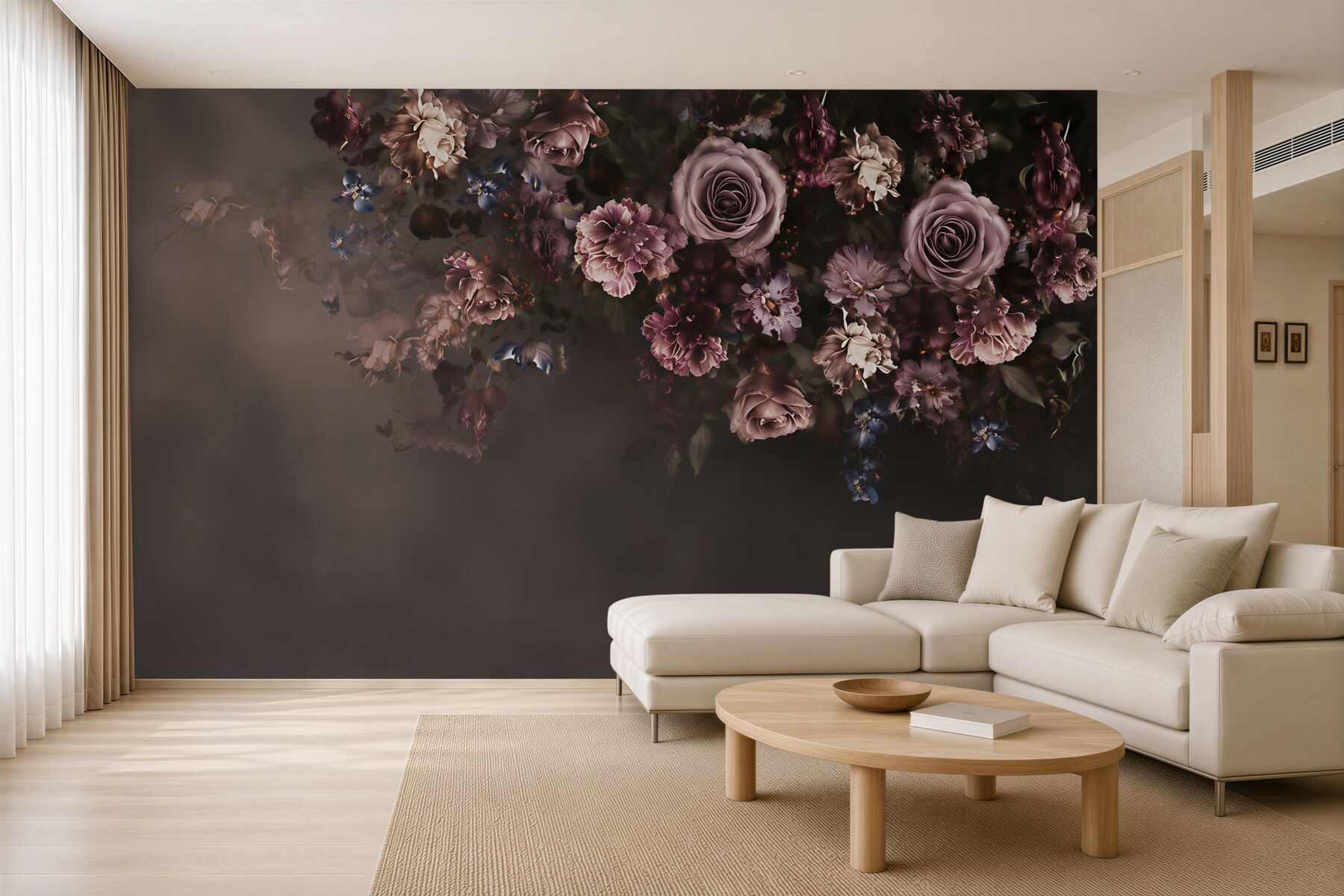 Fototapeta ciemne róże i kwiaty w odcieniach pudrowego różu elegancka?v23