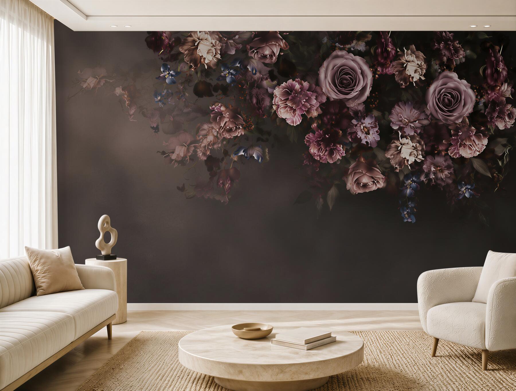 Fototapeta ciemne róże i kwiaty w odcieniach pudrowego różu elegancka?v23