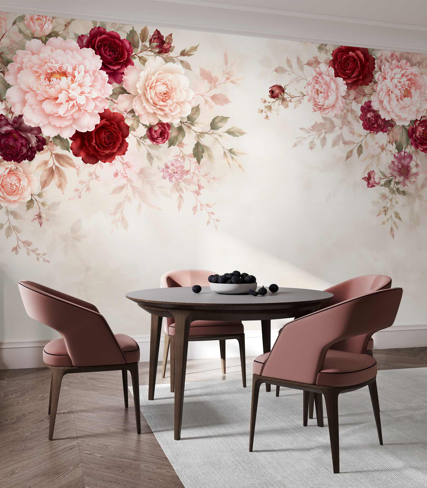 Fototapeta piwonie i róże bordowo pudrowe na jasnym tle elegancka?v23