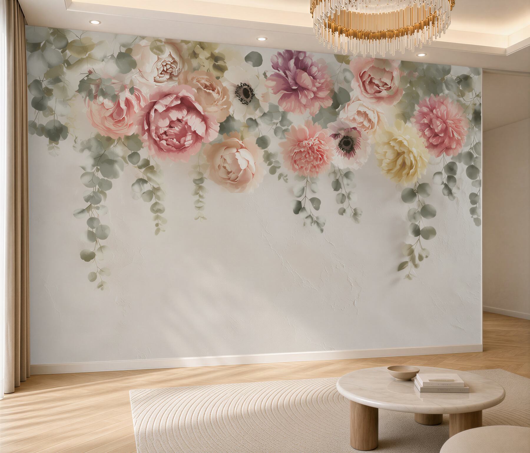 Fototapeta pastelowe kwiaty z eukaliptusem na kremowym tle elegancka?v23