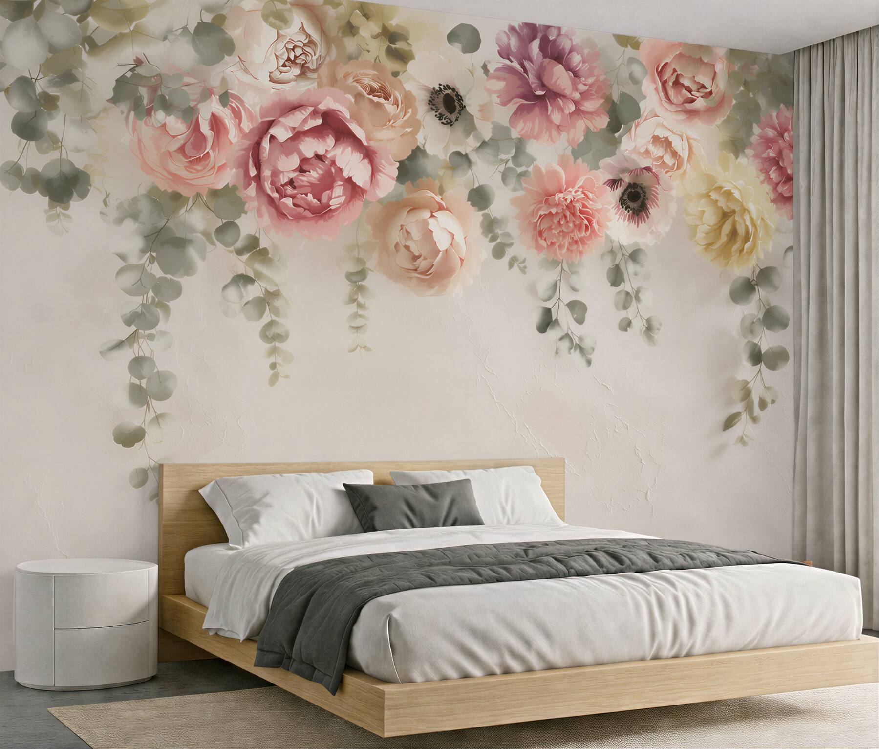 Fototapeta pastelowe kwiaty z eukaliptusem na kremowym tle elegancka?v23