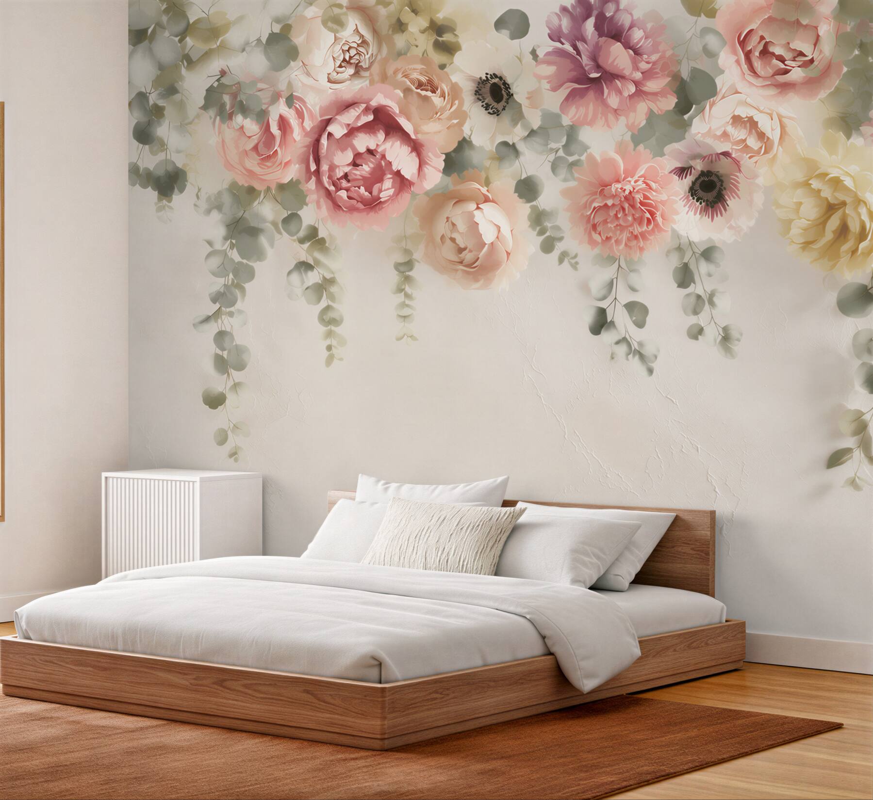 Fototapeta pastelowe kwiaty z eukaliptusem na kremowym tle elegancka?v23